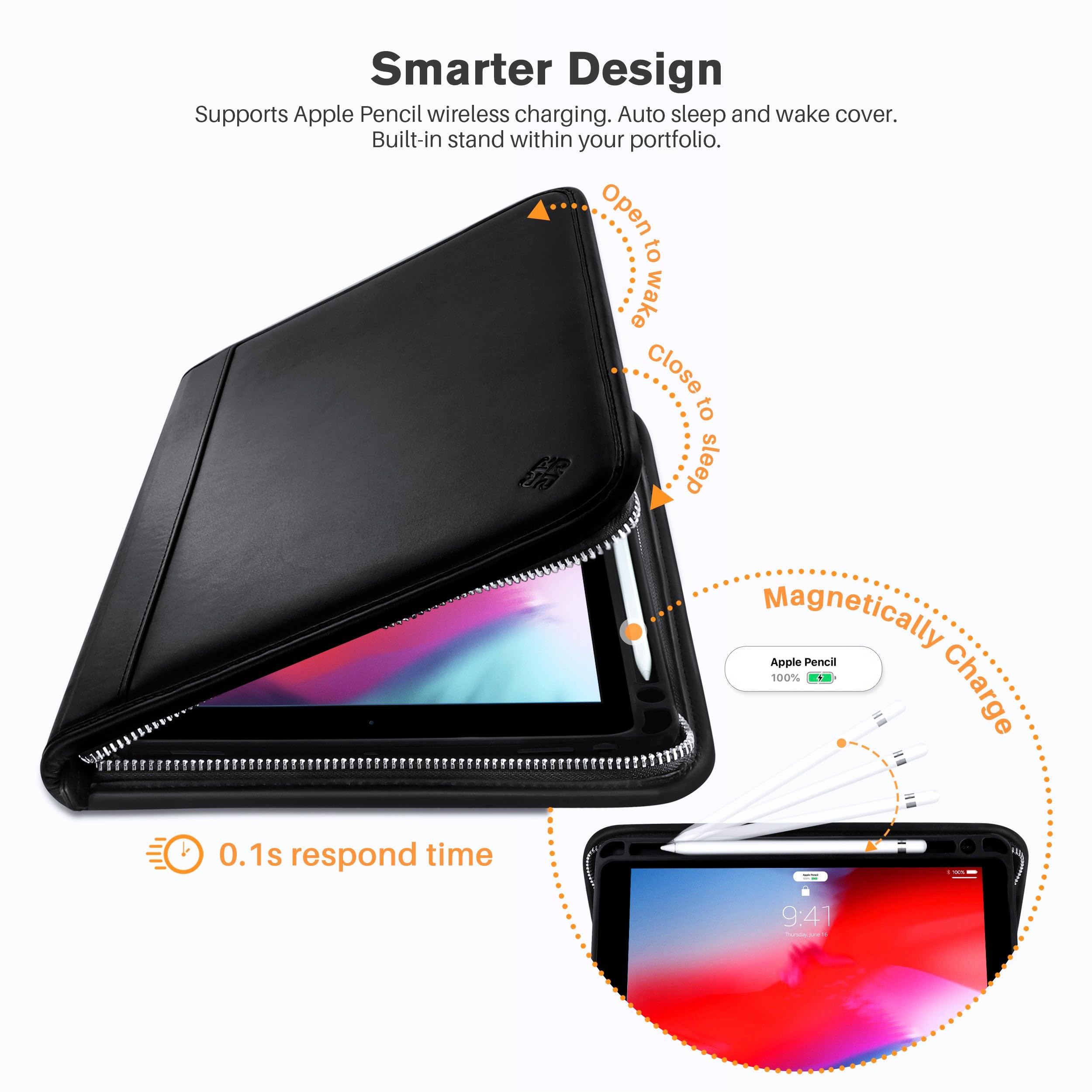 ROOCASE Wilshire Executive Portfolio - Premium Magnetic Leather Case for iPad Air 10.5 (3rd Gen 2019) & iPad Pro 10.5 (2017) with Built-in Organizer & Apple Pencil Holder - Perfect for Business Professionals & Office Use (Black)