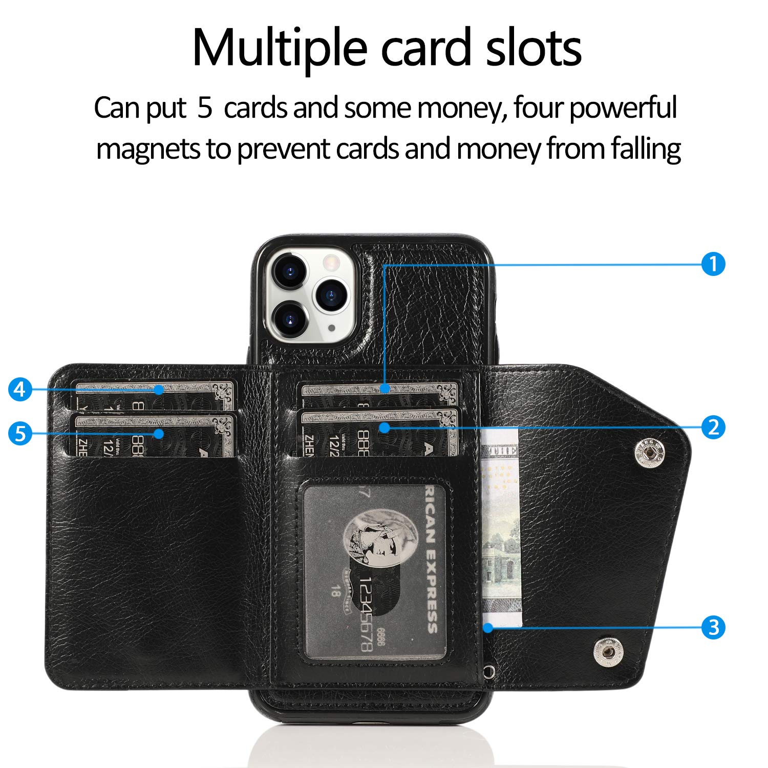 Premium PU Leather Wallet Case for iPhone 11 Pro Max - Card Holder with Neck Strap, Crossbody Chain & Wrist Strap | Protective Cover with Credit Card Slots | Perfect for Travel, Shopping & Everyday Use (Black)