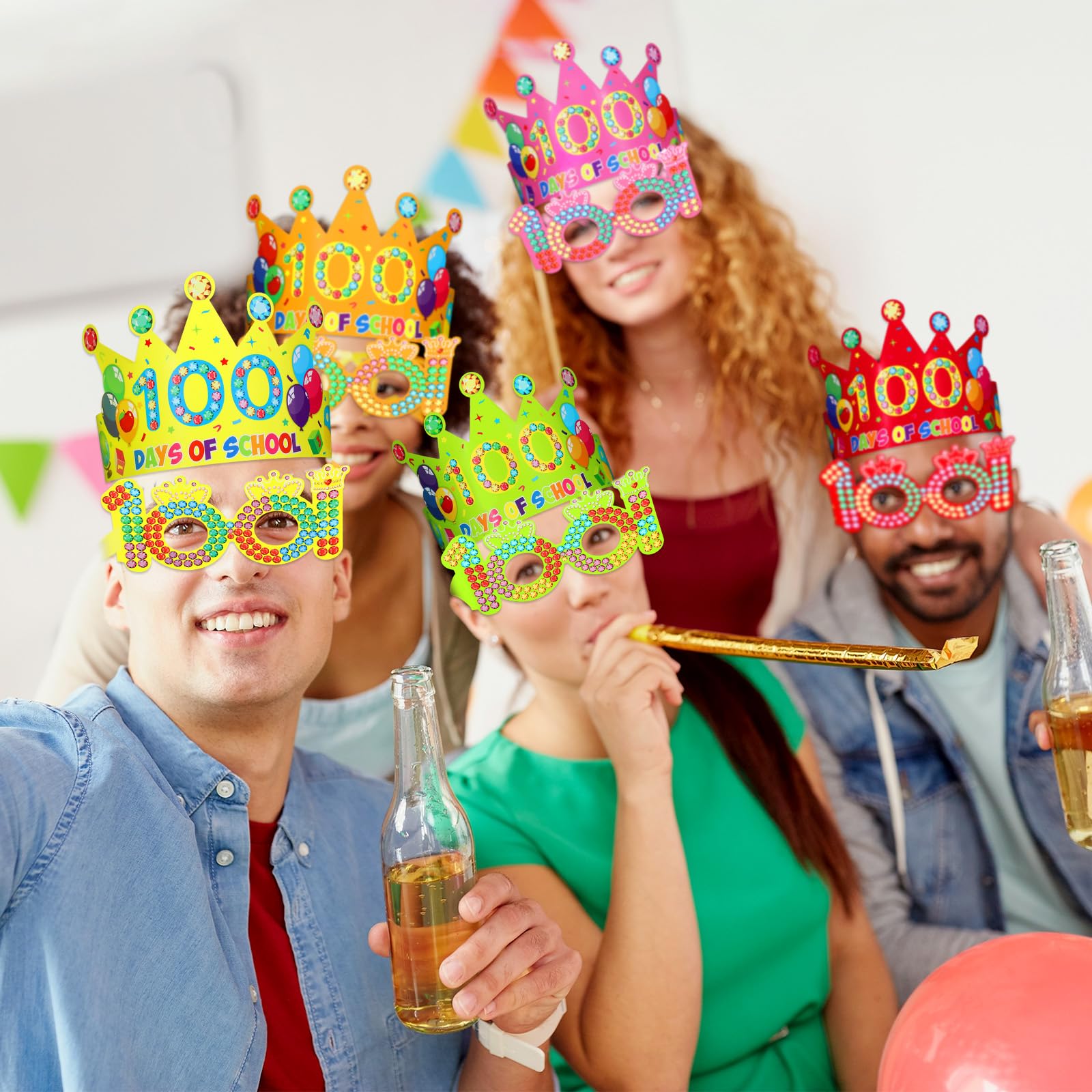 72 Pcs 100 Days of School Party Decorations Kit - 36 Sets Paper Glasses & Crowns for 100th Day Celebration - Perfect for Classroom Activities, School Events & Milestone Party Favors