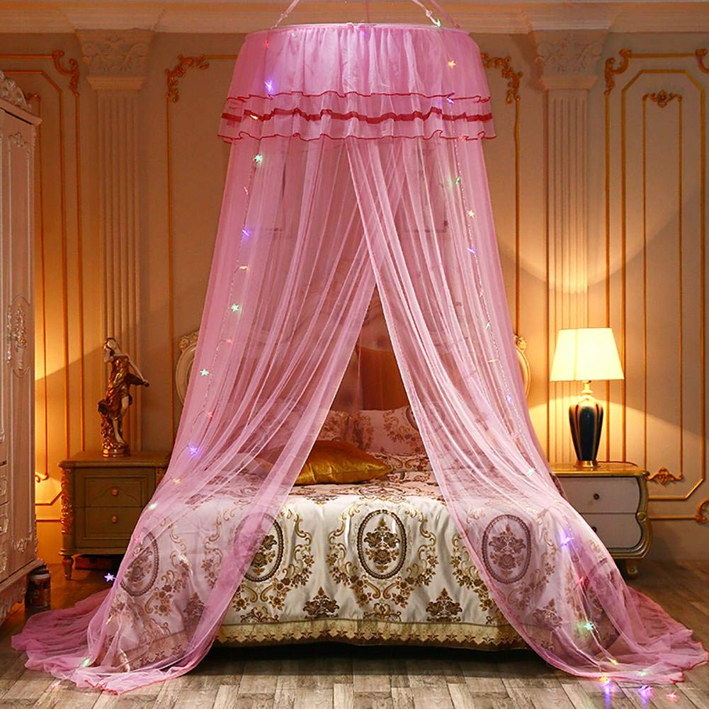Pink Princess Bed Canopy - Lace Dome Mosquito Net for Kids & Adults - Bedroom Decor