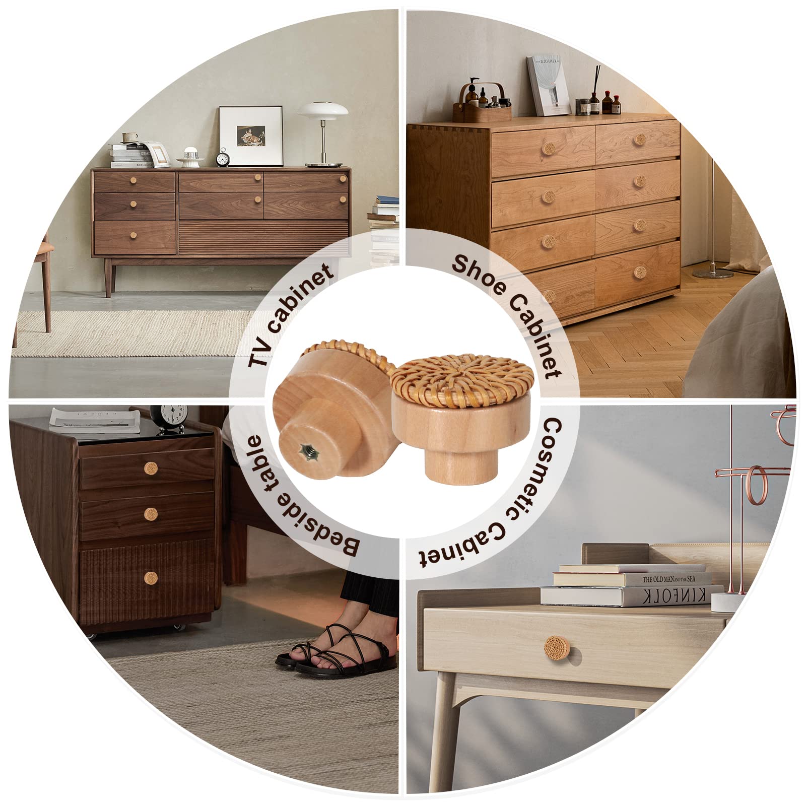 12 Pack Boho Rattan Dresser Knobs - Handmade Wooden Drawer Pulls with 24 Screws - Durable Beech Wood Cabinet Handles - Wicker Woven Knobs for Bedroom, Kitchen & Bathroom Furniture