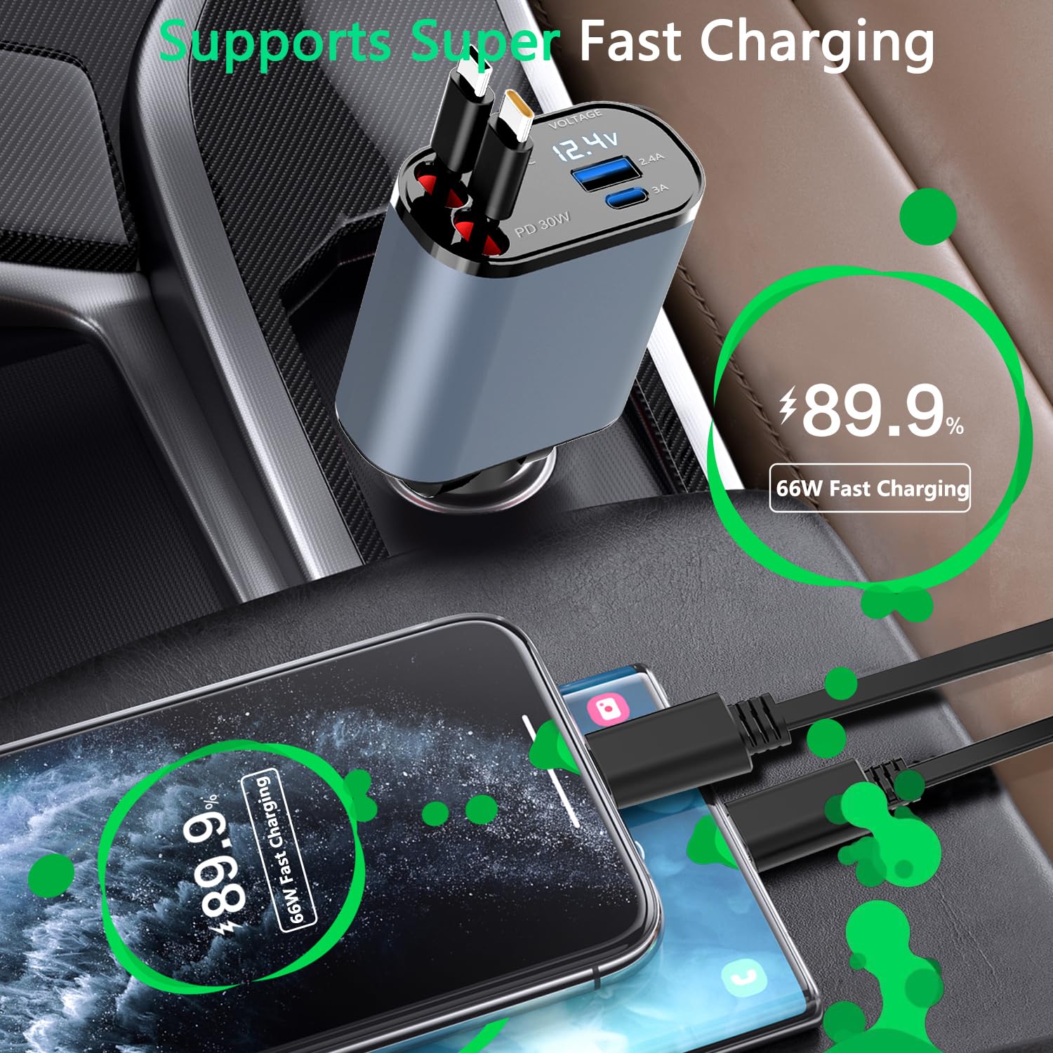 Paiholy 4-in-1 Retractable Car Charger 100W Fast Charging with Dual Type-C & 2 USB Ports - Compatible with iPhone 16/15/14 Pro Max, Galaxy S24/S23, Google Pixel - Perfect for Road Trips, Commuting & Multi-Device Charging in Your Vehicle