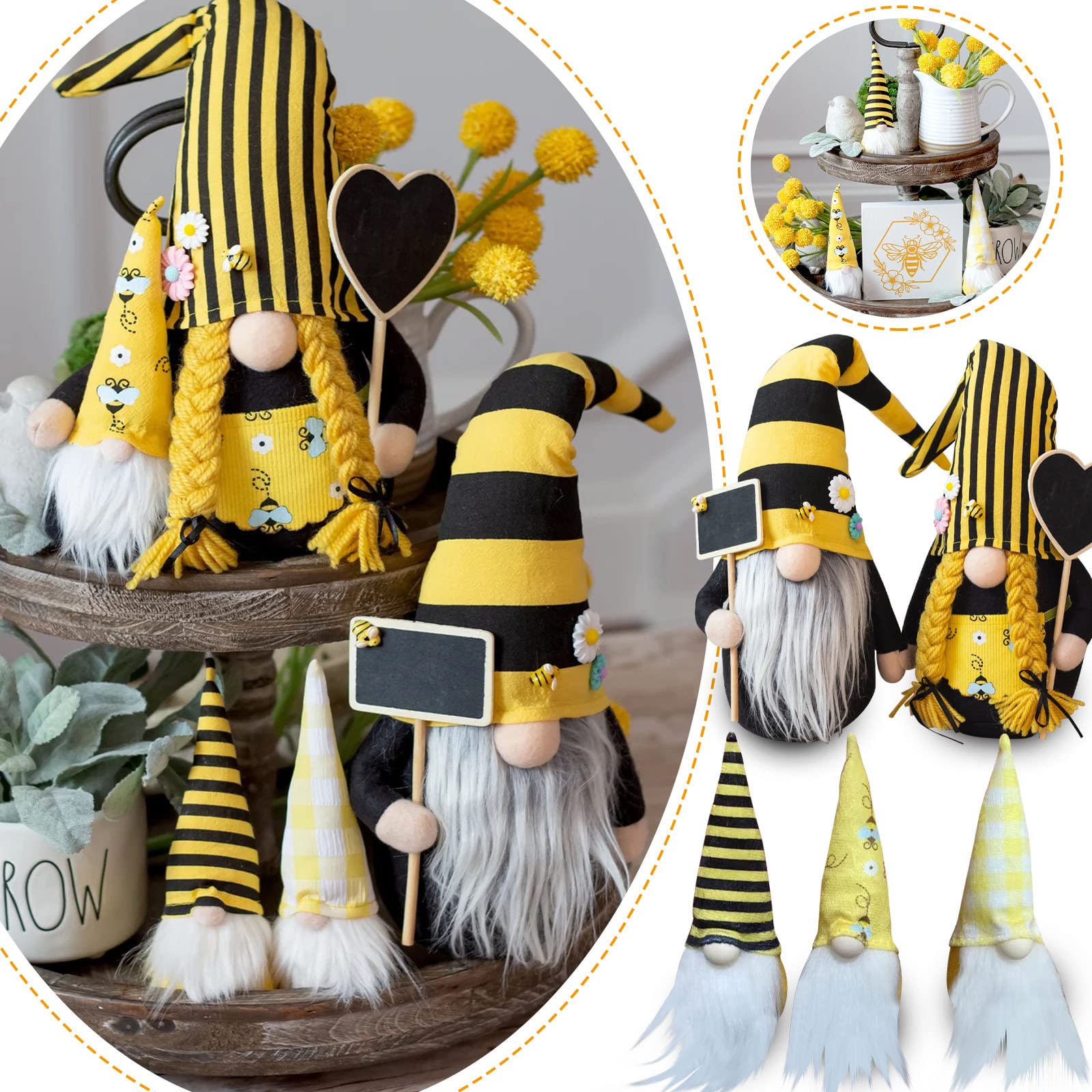 Faceless Doll Decor - Sunflower Bee Festival Gnome Tiered Tray Decor Set (5PC) | Cute Plush Bee Goblin Dolls for Home Table Decor | Perfect for Spring Displays, Farmhouse Decor & Gift Giving