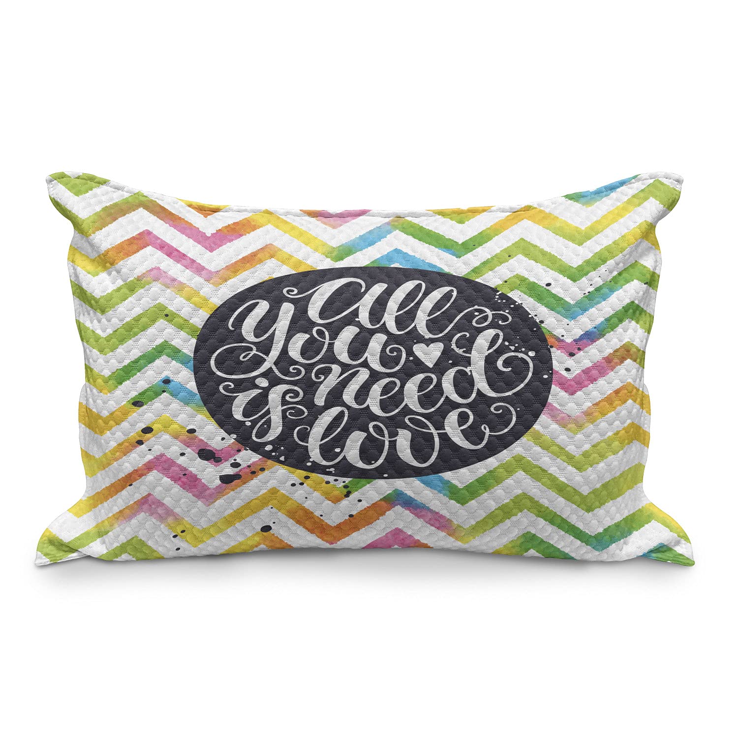 Ambesonne Quilted Pillow Cover - 'All You Need is Love' Cursive Script on Watercolor Chevron Backdrop, King Size 36