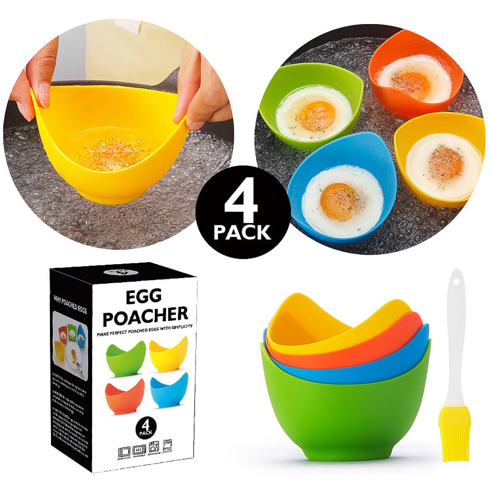 Nonstick Silicone Egg Poacher Cups with Stand - 4 Pack BPA-Free Egg Poaching Cups for Stovetop, Air Fryer & Microwave - Includes Bonus Oil Brush - Perfect for Breakfast, Meal Prep & Keto Cooking