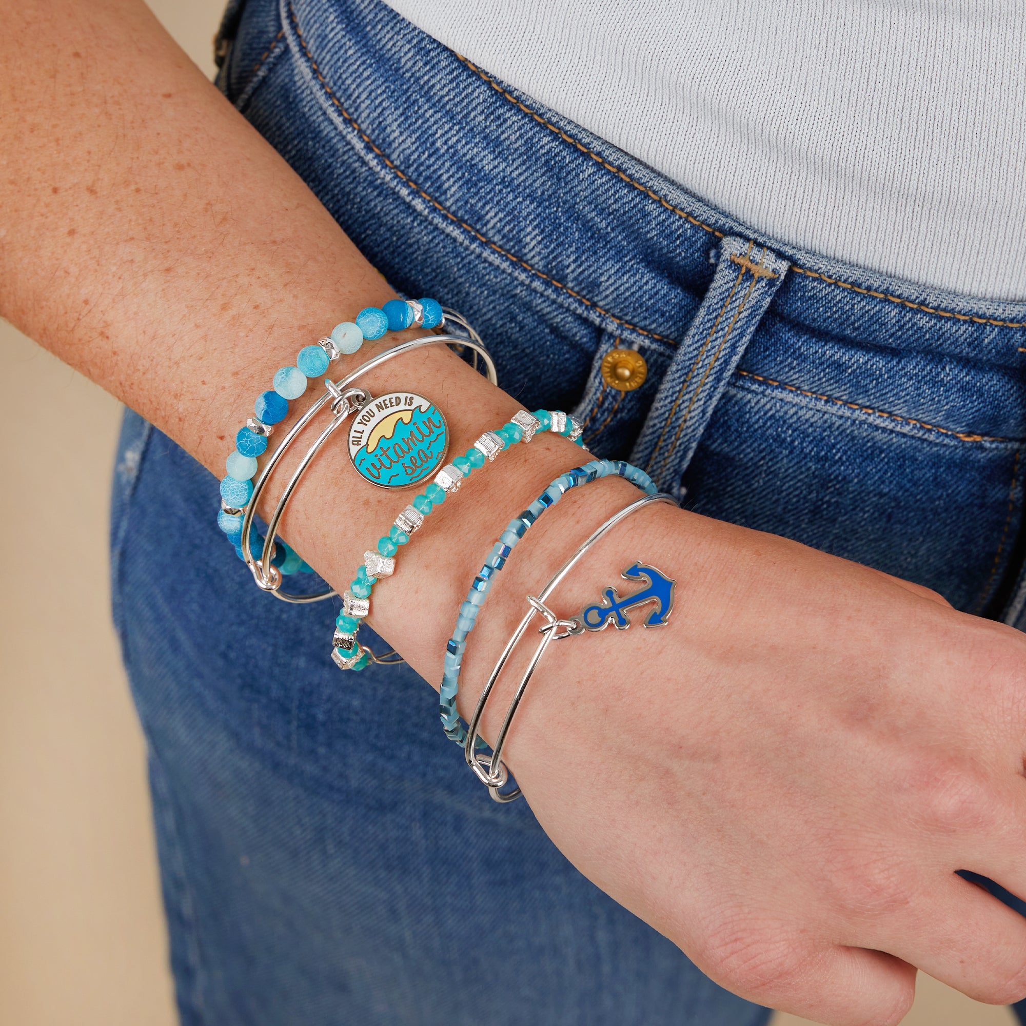 Vitamin Sea Charm Bangle Set of 5 - Boho Beach Jewelry for Women - Perfect for Summer Vacations, Beach Parties & Festival Outfits