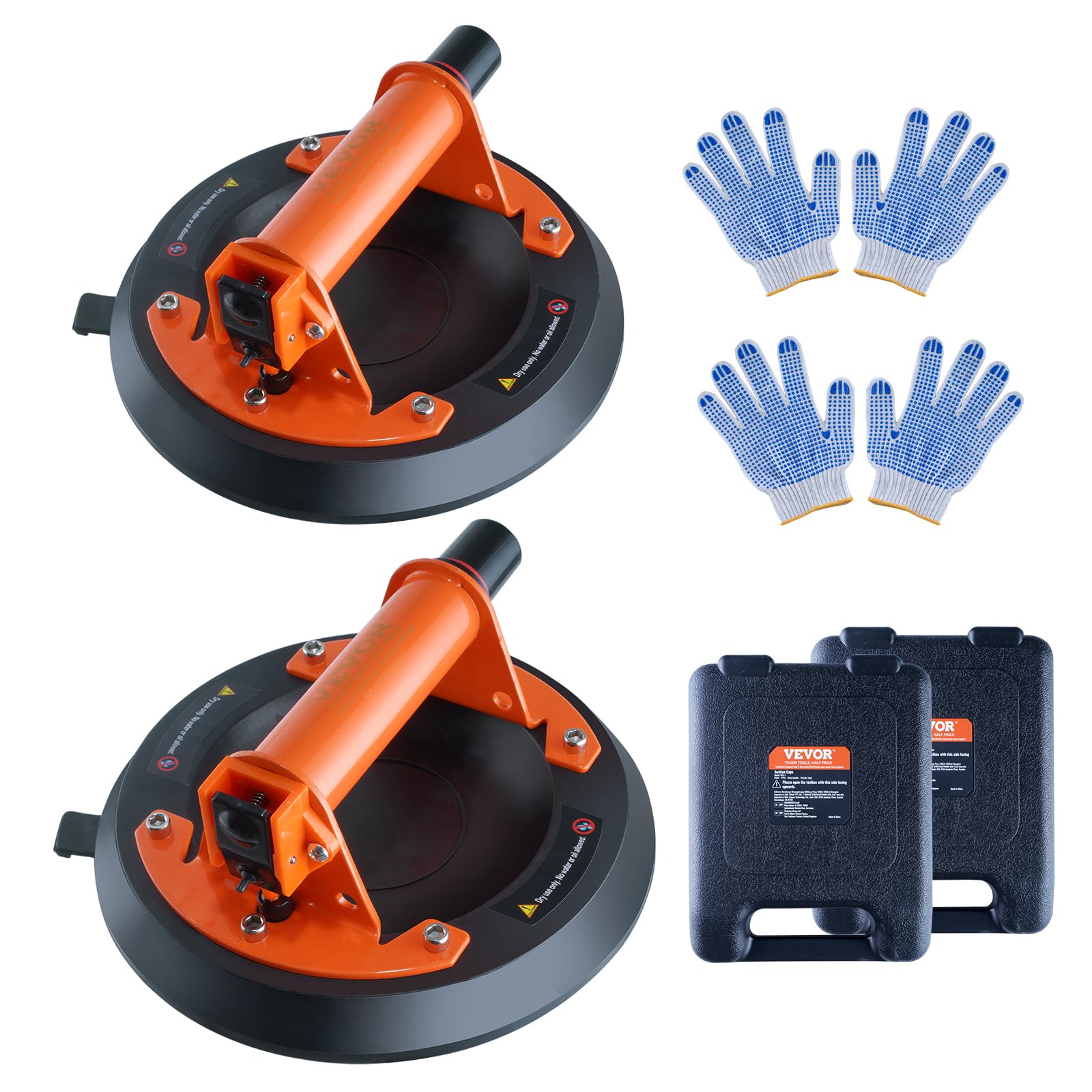 VEVOR 203mm Heavy Duty Tile Suction Cup - 277kg Capacity, Steel Handle with PP Transport Case & Gloves - Industrial Lifting Tool for Glass, Granite, Metal, Wood - Perfect for Construction, Renovation, and Material Handling Projects