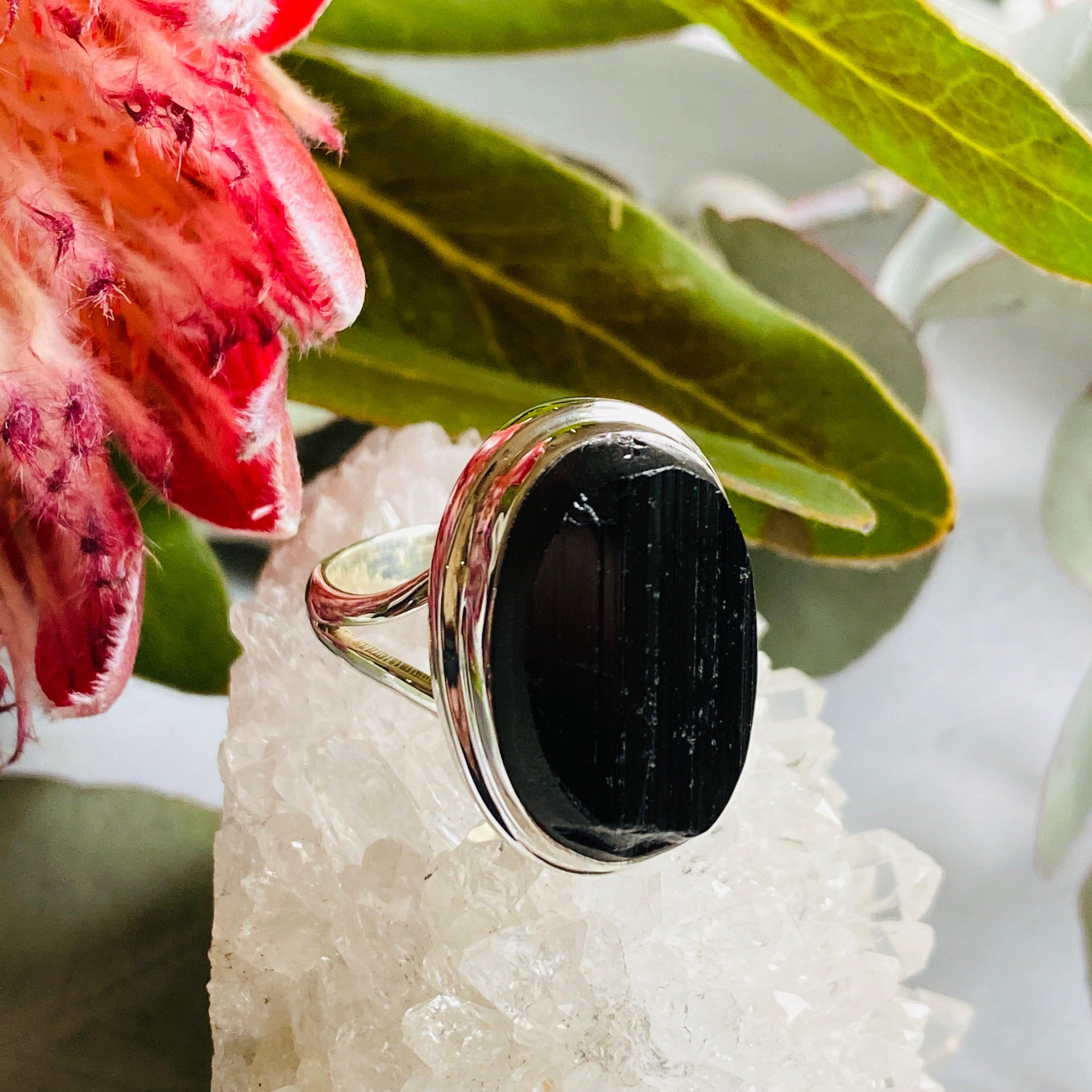 Natural Black Tourmaline Oval Raw Stone Ring - Size 11 (KRGJ2247) | Healing Crystal Jewelry for Protection & Grounding - Perfect for Meditation, Energy Work & Spiritual Gifts