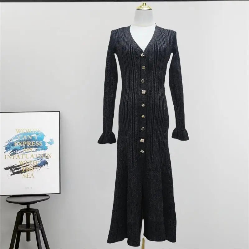 2024 French Elegant Black V-Neck Single Breasted Knitted Dress for Women - Long Sleeve Fishtail Beige Winter Dress | Perfect for Office, Party & Holiday Events