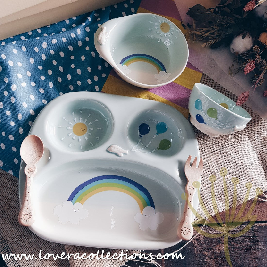 Chikudouen x Lovera Blue Balloon Kids Dinnerware Set - 4-Piece Children's Tableware Gift for Birthday & Holidays (Plates, Bowls, Cups & Utensils) - Perfect for Parties, Daily Meals & Special Occasions