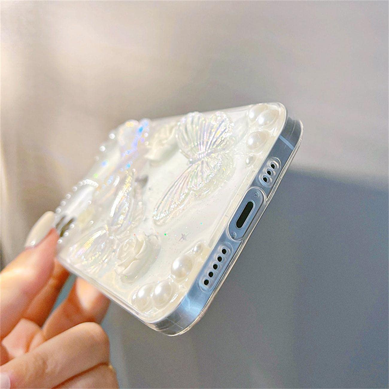 Fycyko iPhone 15 Case - 3D Butterfly Floral Clear Phone Cover with Glitter & Crystal Sparkle Design | Aesthetic Protective Case for Women & Teen Girls | Includes Pearl Chain | Perfect for Everyday Use, Parties & Gifts