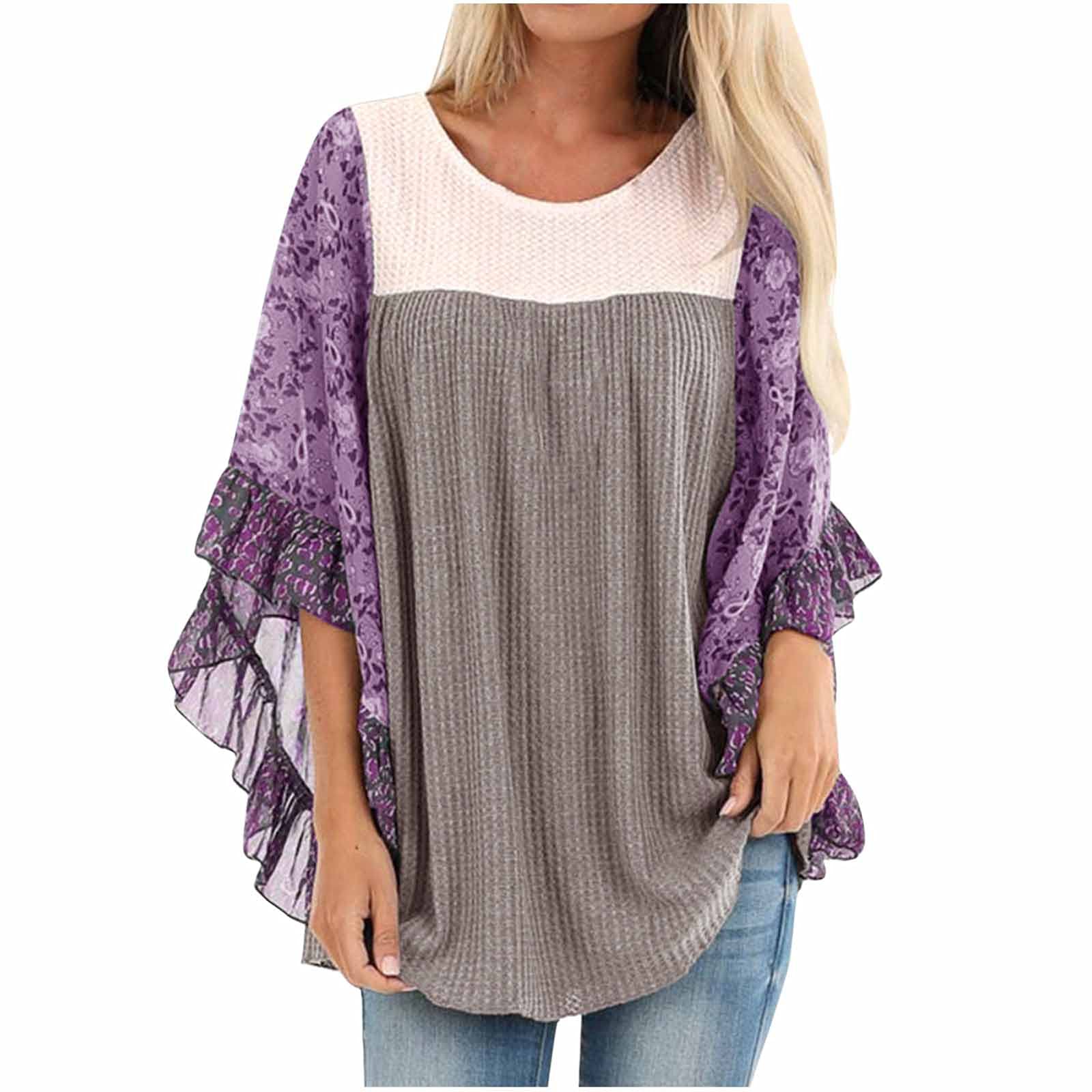Women's 3/4 Batwing Sleeve Crewneck T-Shirt - Floral Color Block Loose Blouse Waffle Fall Top for Casual Fashion | Perfect for Autumn Outfits, Weekend Wear & Boho Style