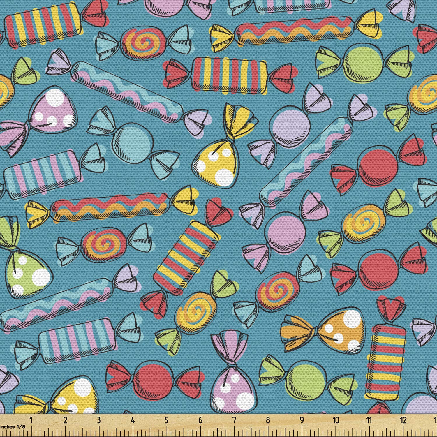 Ambesonne Colorful Fabric by The Yard - Continuous Candies Pattern Childish Snacks Celebration Design - Decorative Upholstery & Home Accent Fabric in Blue & Yellow - Perfect for DIY Projects, Curtains, Pillows, and Party Decorations