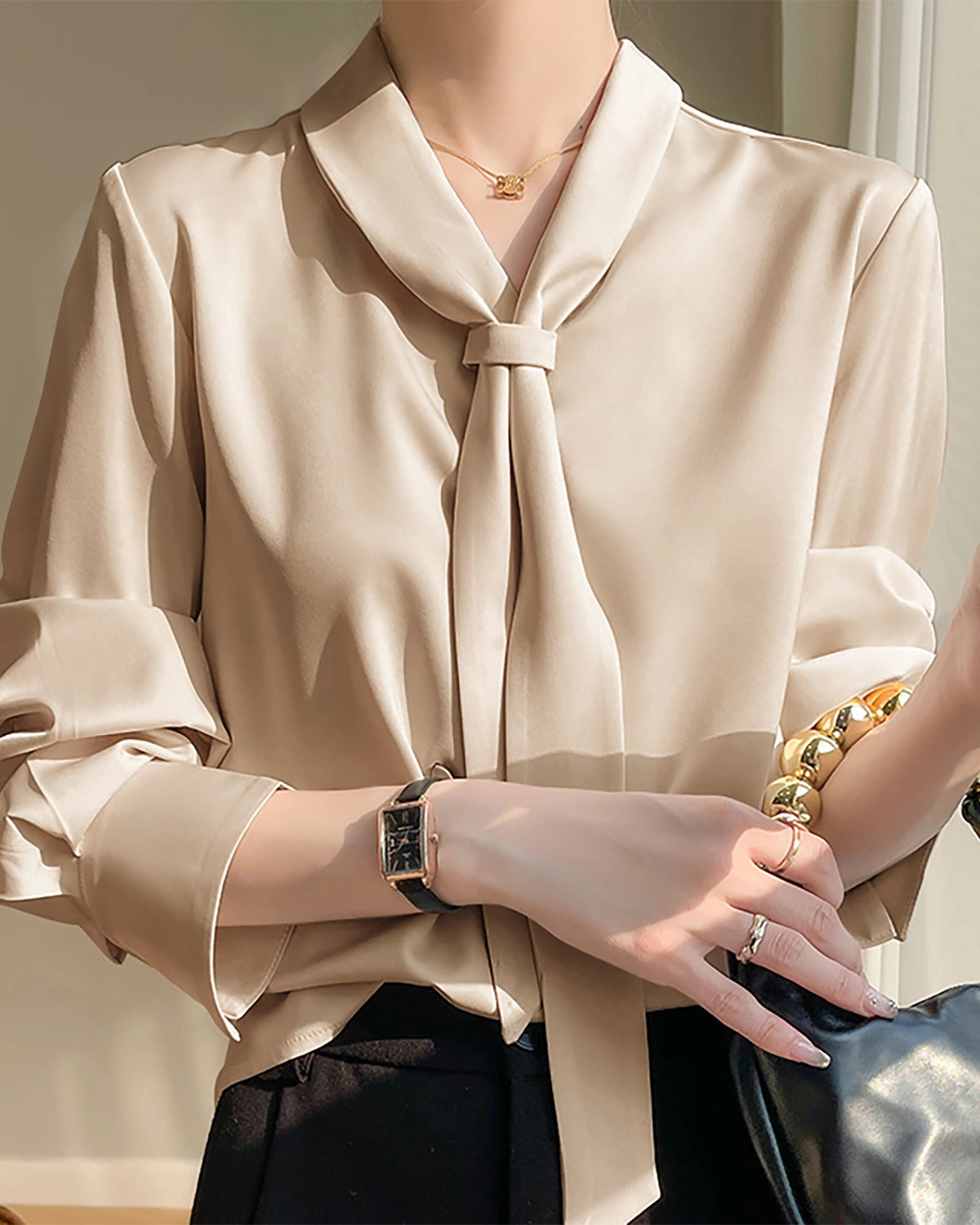 Elegant V-Neck Tie Front Silk Blouse for Women - Luxurious & Breathable - Perfect for Office, Date Night & Special Occasions