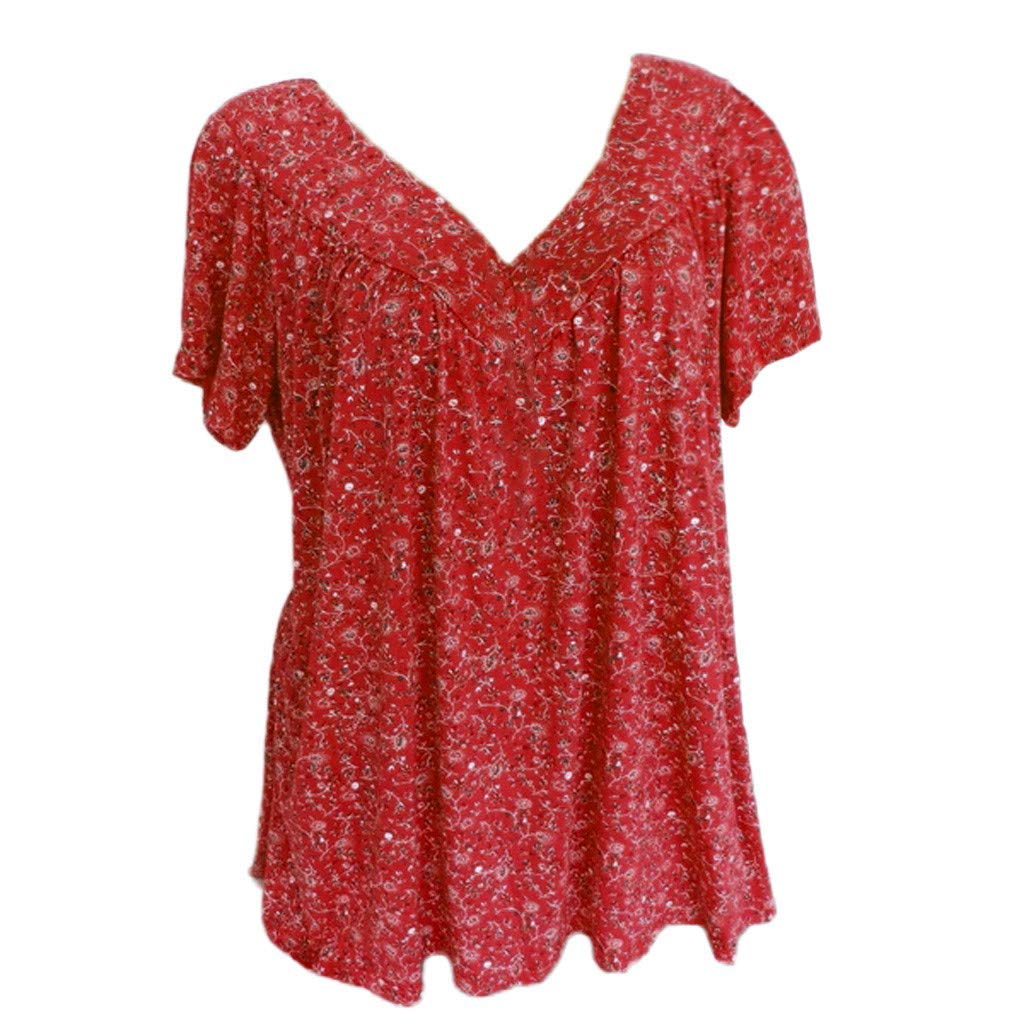 SHOPESSA Women's Summer V-Neck Short Sleeve Bohemian Blouse - Casual Flowy Babydoll Top for Beach Vacation, Outdoor Date & Everyday Wear