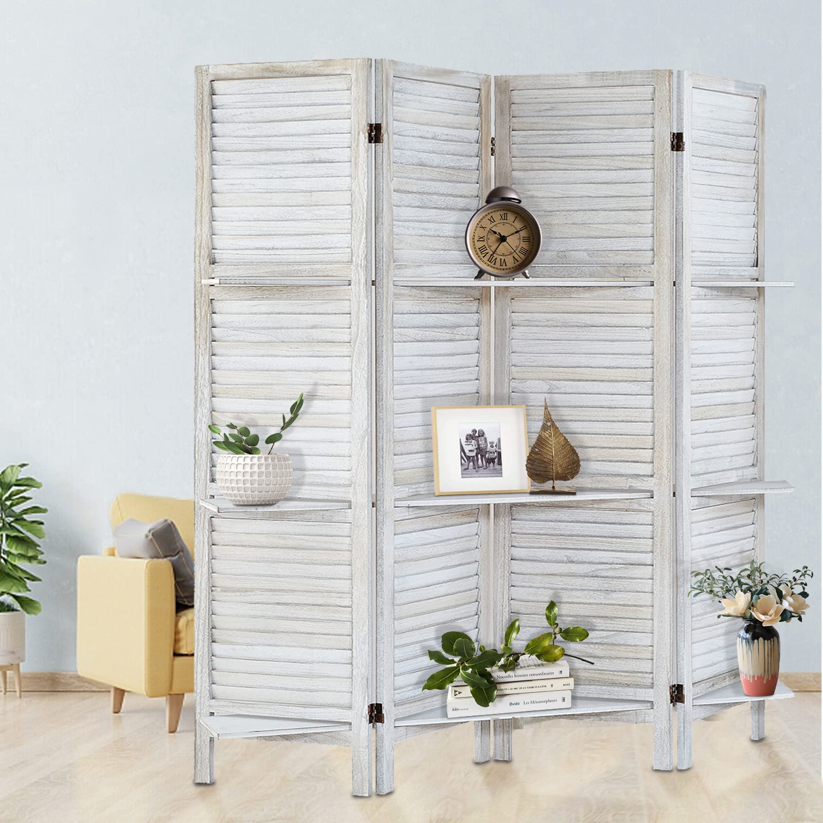 4-Panel Wooden Room Divider with Shelves - Folding Privacy Screen & Temporary Wall Partition - Coconut Finish for Home, Office & Studio Separation