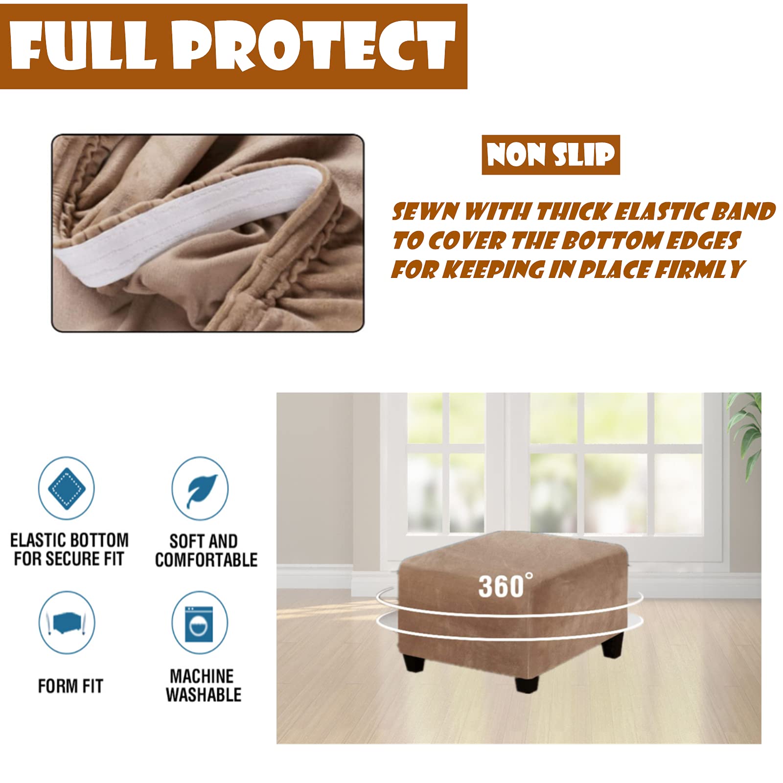 Stretch Velvet Ottoman Slipcover - Square Footstool Cover with Elastic Bottom for Folding Storage Ottoman | Leather-Like Living Room Furniture Protector | Perfect for Home Decor, Lounge & Reading Nook