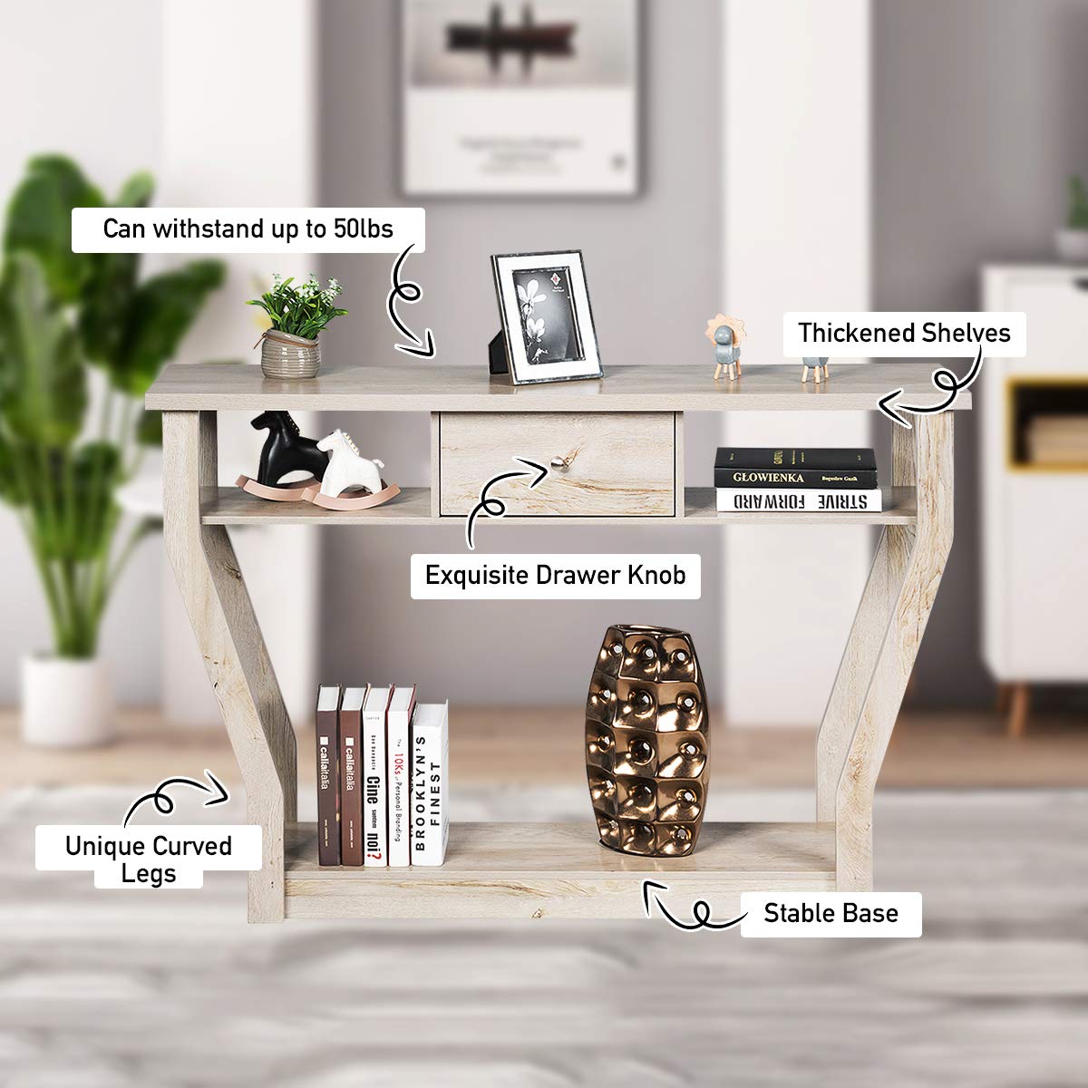 3-Tier Wooden Console Table with Drawer - 47