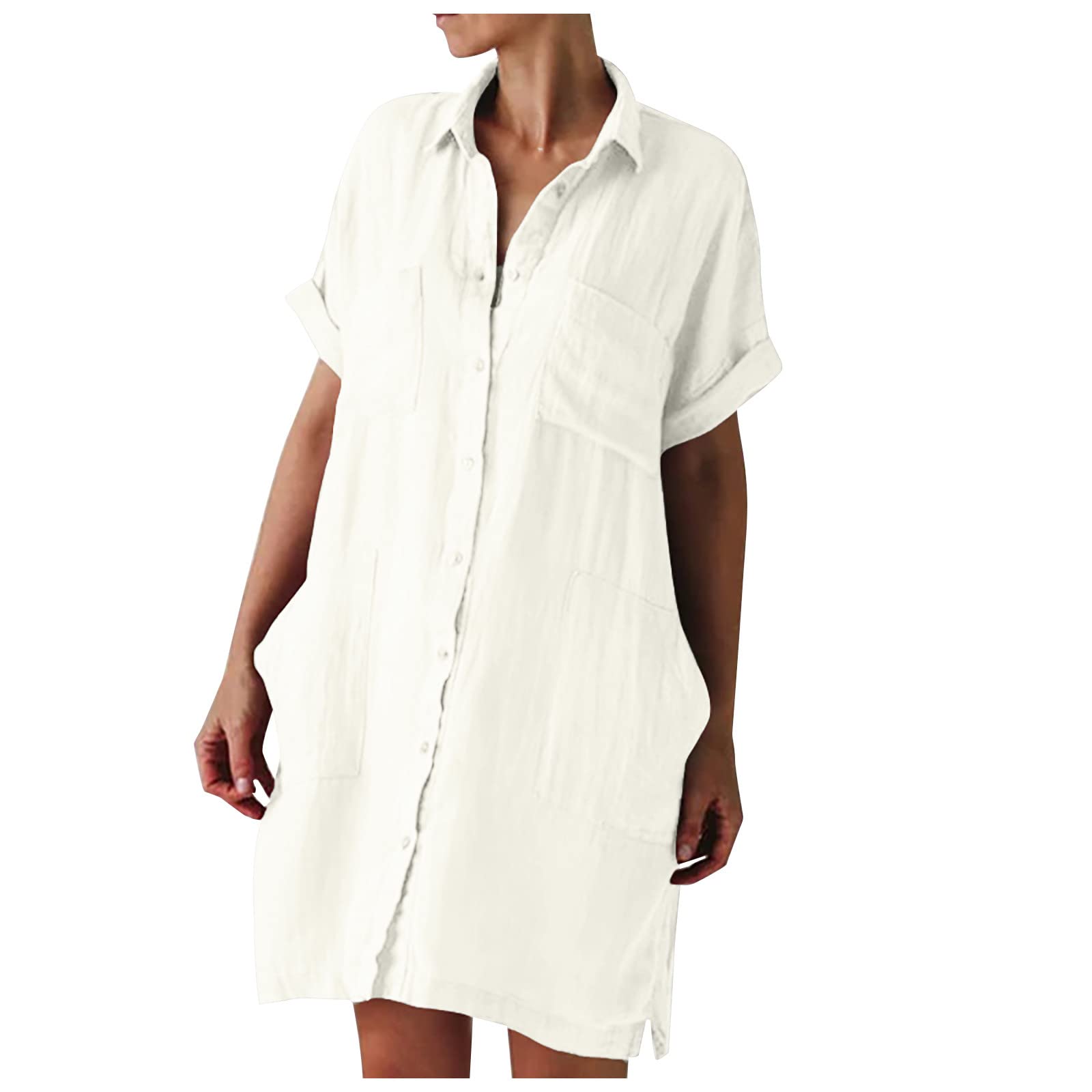 HAOREEKZ Women's Linen Dress - Solid Color Lapel Single-Breasted Straight Cut Loose Fit Short Sleeve Shirt Dress with Pockets | Casual Summer Outfit, Beach Wear & Office Attire