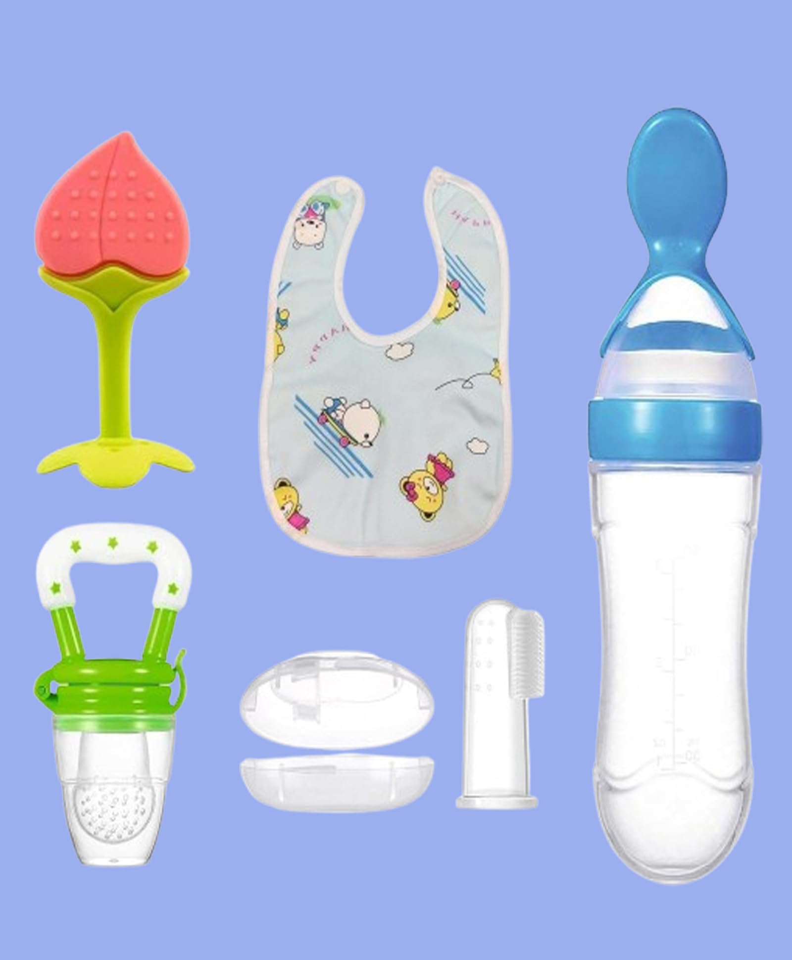 **Soft Silicone Baby Feeding Set - Teether, Spoon, Finger Brush, Bib & Nibbler for Newborns & Toddlers | Safe & BPA-Free | Perfect for Mealtime & On-the-Go Feeding (Design 646)**