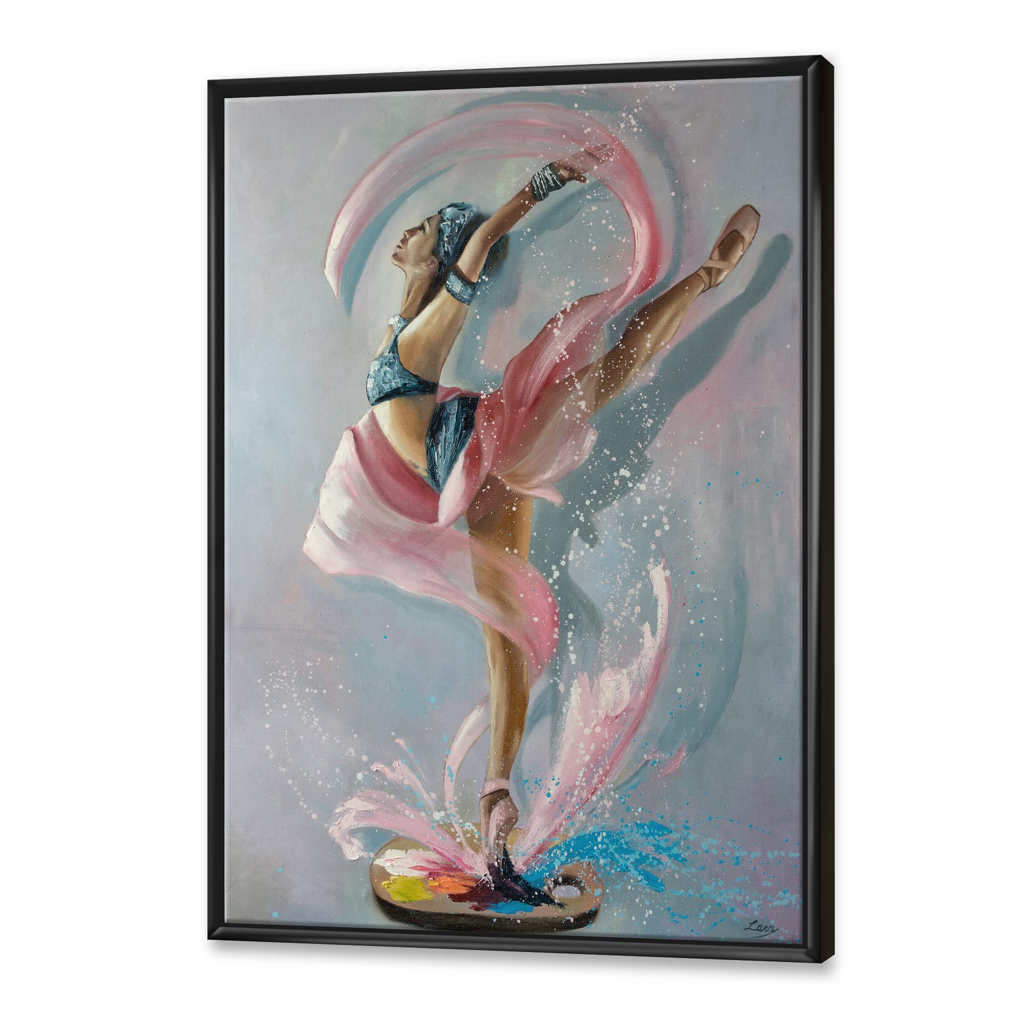 DesignQ Elegant Dancing Woman in Pink Drapes - Traditional Framed Canvas Wall Art Print - Perfect for Living Room, Bedroom & Office Decor