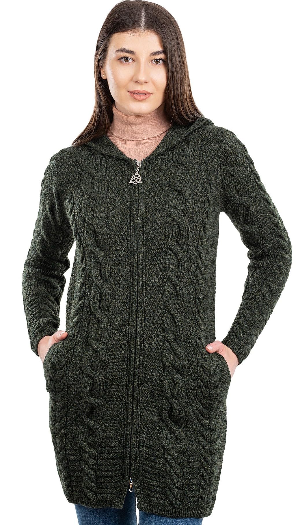 SAOL 100% Merino Wool Aran Cable Knit Hooded Zip Cardigan Irish Coat - Warm Winter Sweater for Women, Cozy Oversized Pullover for Outdoor Hiking & Casual Wear