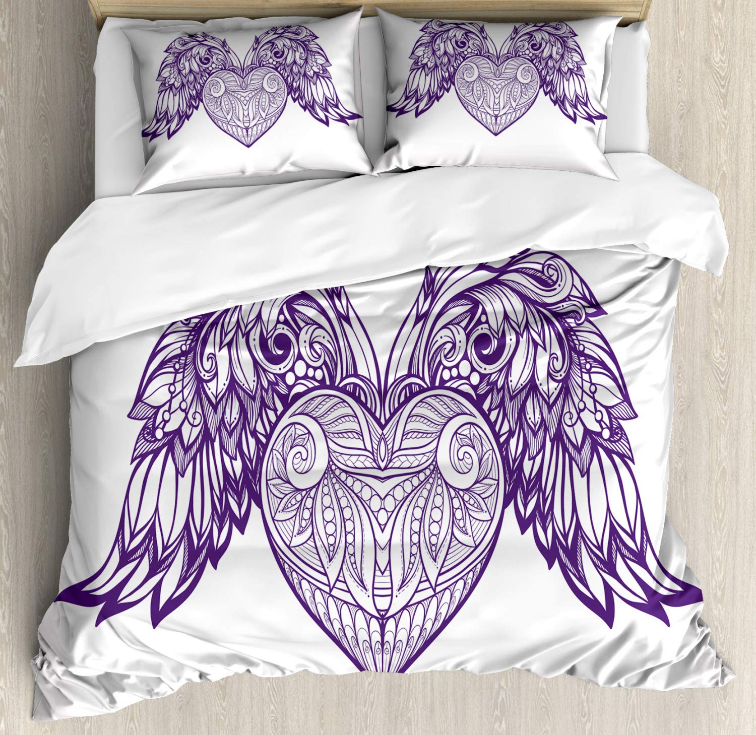 Ambesonne Angel Wings Duvet Cover Set - Bohemian Ornamental Heart with Wings, Love Feathers Romantic Theme 3-Piece Bedding Set with 2 Pillow Shams, Queen Size in Dark Purple & Pale Mauve | Perfect for Bohemian Bedroom Decor, Valentine's Gift & Cozy Master Bedroom Upgrade