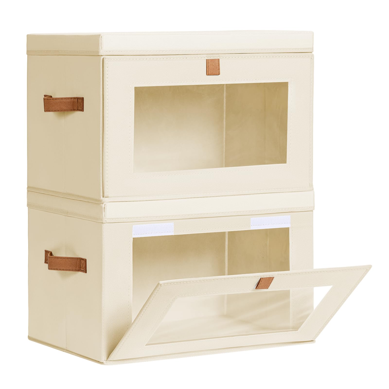Large Collapsible Storage Bins with Handles & Window - 2 Pack Beige Fabric Organizers for Closet, Dorm & Living Room