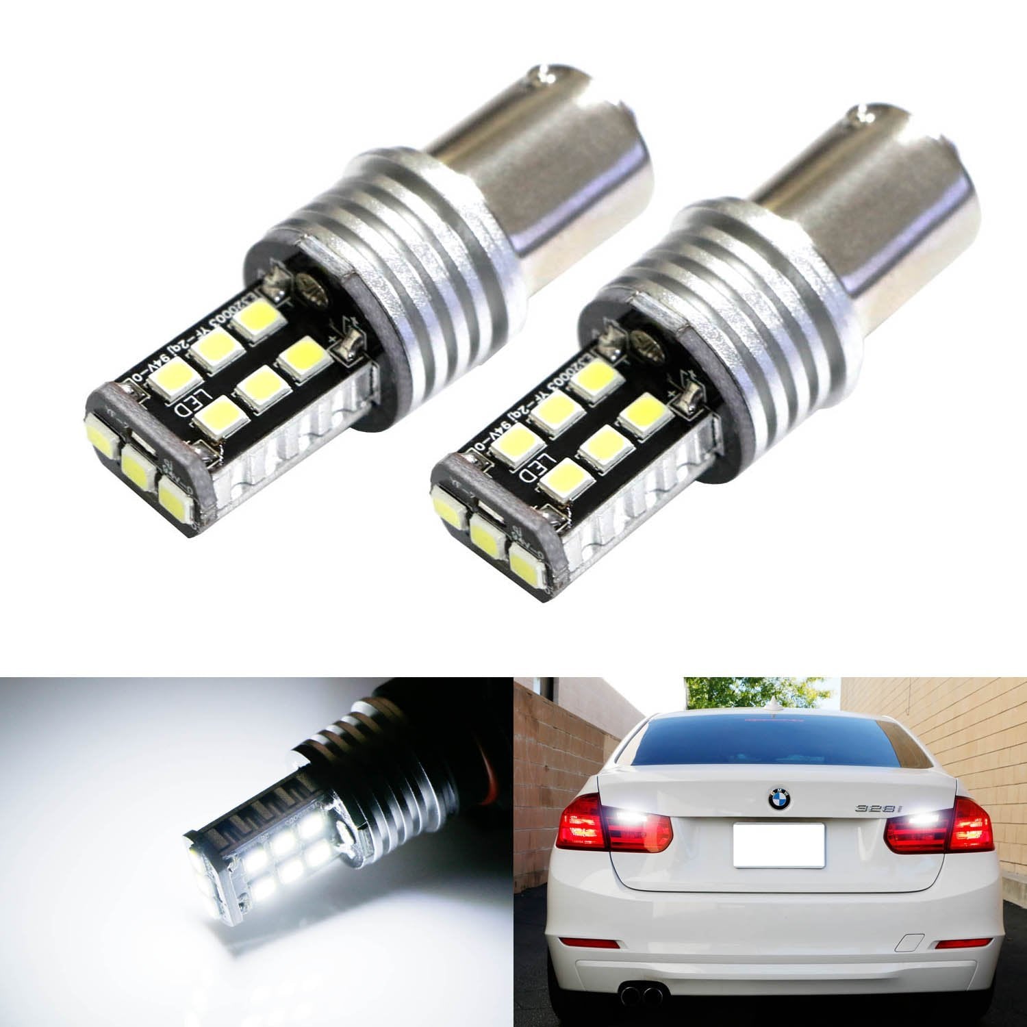 2-Pack 10W 15 SMD White LED Bulbs 7506 1156 P21W - High Brightness Reverse Lights for European Cars | Perfect for Night Driving & Parking Assistance