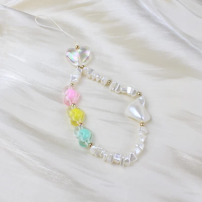 SYSUII Colorful Heart Imitation Pearl Phone Lanyard - Anti-Lost Wrist Strap with Beaded Chain for Women & Girls | Perfect for Smartphones, Keys, ID Cards & Work Badges (Great Gift for Valentines, Birthdays & Office Use)