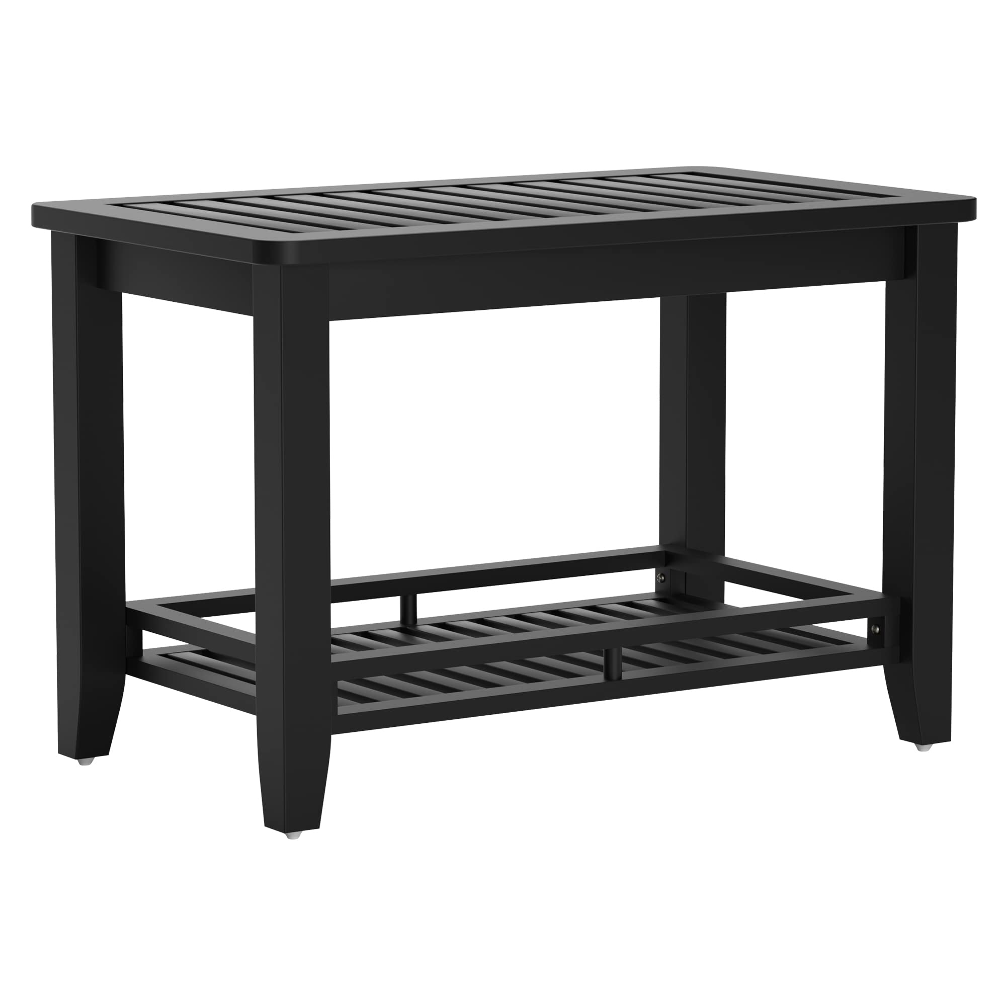 Premium Bamboo Shower Bench with Storage Shelf - Non-Slip Bath Stool Seat for Elderly & Shaving - Waterproof Shower Chair for Bathroom Safety & Spa Relaxation - Perfect for Small Spaces & Handicap Accessibility (Black)