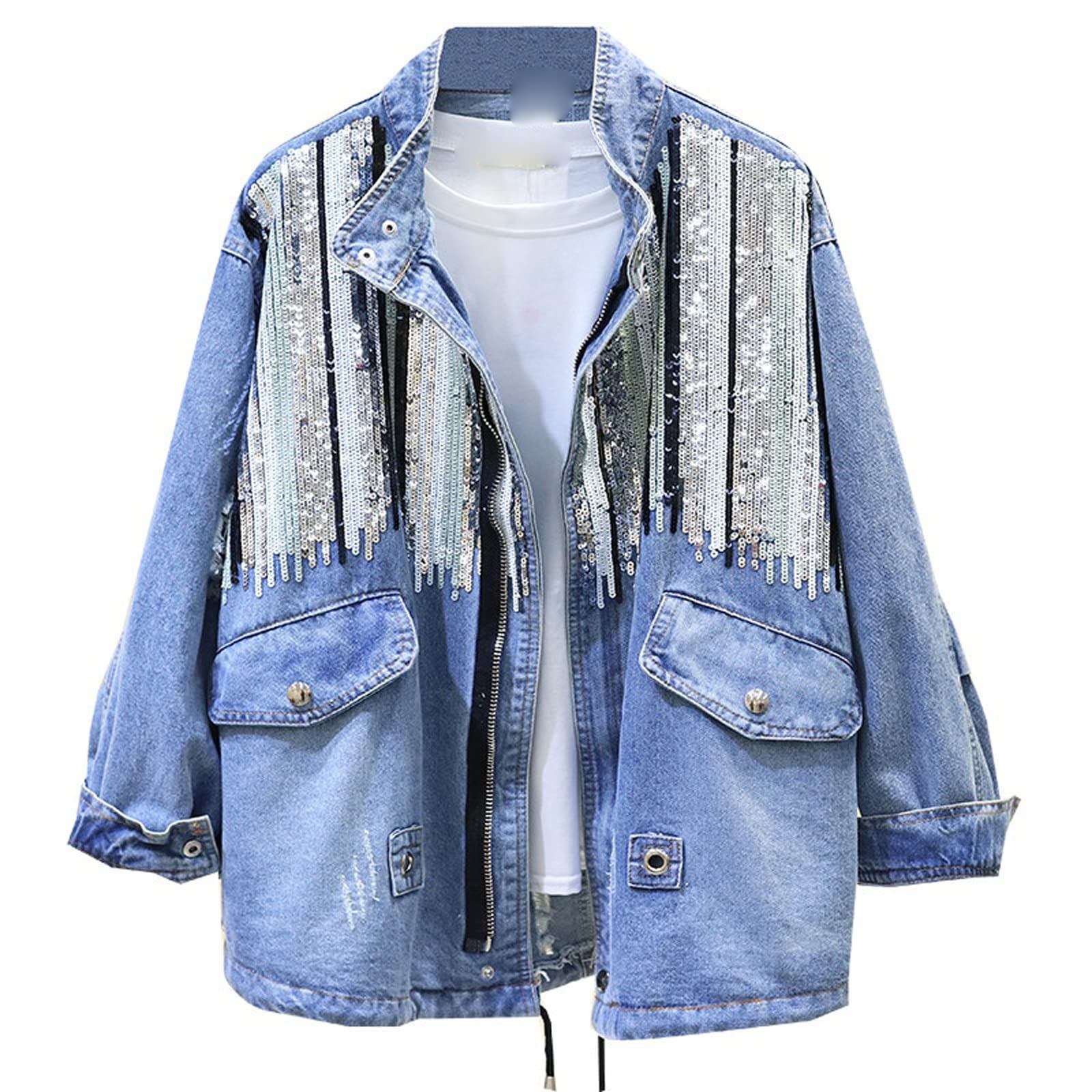 Stylish Vintage Sequins Denim Cardigan for Women - Long Sleeve Hippie Fashion Coat - Perfect for Boho Parties, Concerts & Casual Outings
