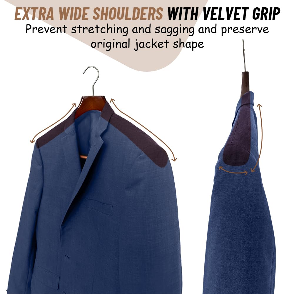 Premium Wooden Hangers with Rollbar - Heavy Duty Non-Slip Coat Hangers for Suits & Pants - Wide Shoulder Design - High Gloss Mahogany with Brown Velvet (12 Pack) - Perfect for Closet Organization & Luxury Garment Storage