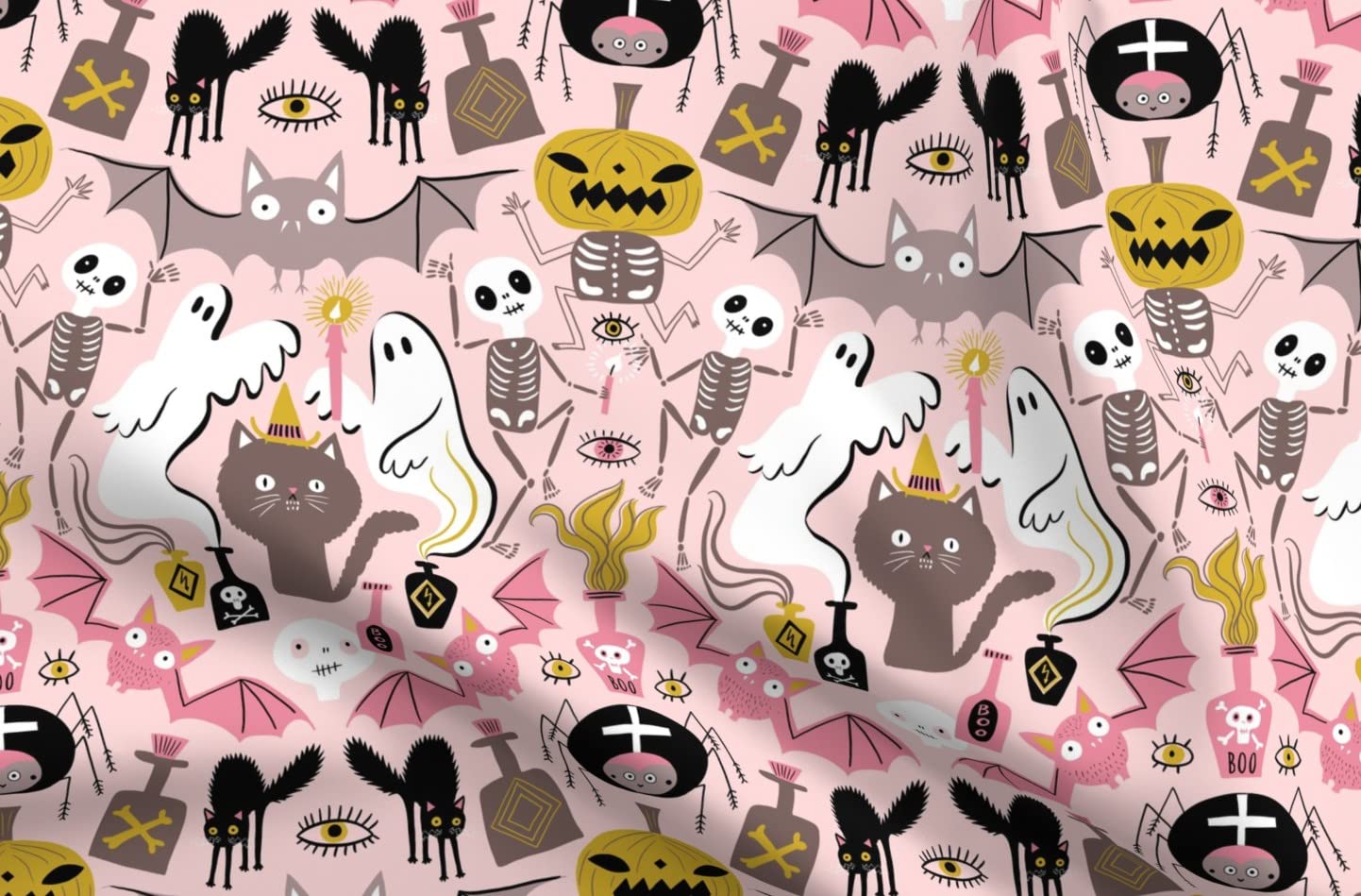 Halloween Cat Rose Bat Skull Skeleton Printed Satin Fabric - Scary Pastel Spider Design for Sewing, Apparel, Blankets & Home Decor - Perfect for Costumes, Quilting & DIY Crafts