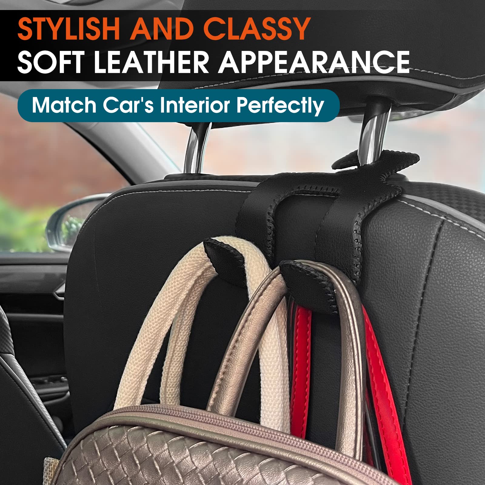 Upgraded 2-in-1 Car Headrest Hooks for Purses, Bags & Accessories - Durable Back Seat Organizer Hanger with Leather Storage Holder - Perfect for Vehicles, Travel & Daily Commute (1-Pack, Black)