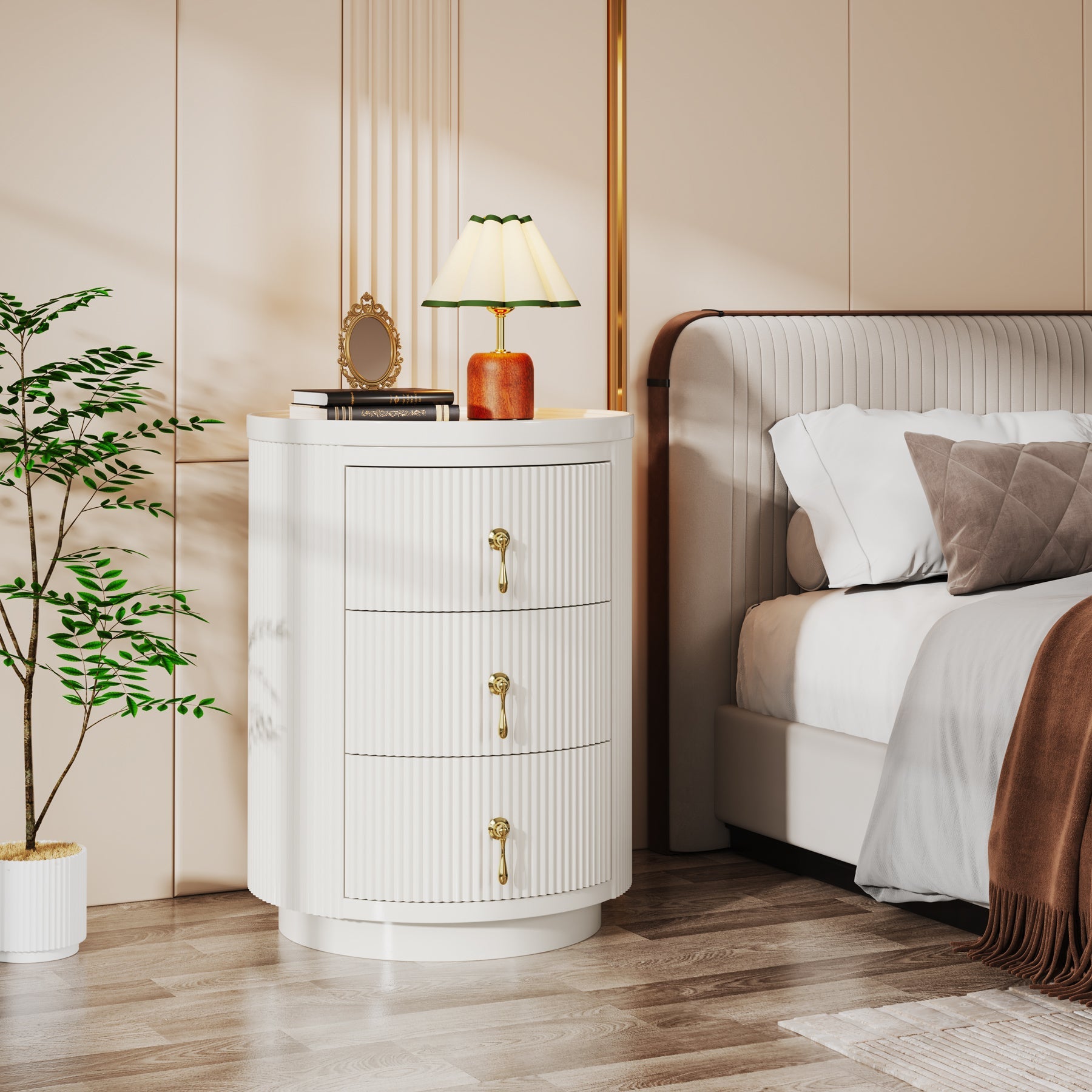 Modern 3-Drawer Nightstand with Storage - Round Side End Table for Bedroom, Living Room & Office - Compact & Stylish Furniture for Small Spaces