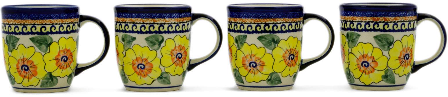 Authentic Polish Pottery 12oz Mugs Set of 4 - Handmade Lemon Poppies Design, UNIKAT Certified with COA - Perfect for Coffee, Tea & Home Decor Gifts