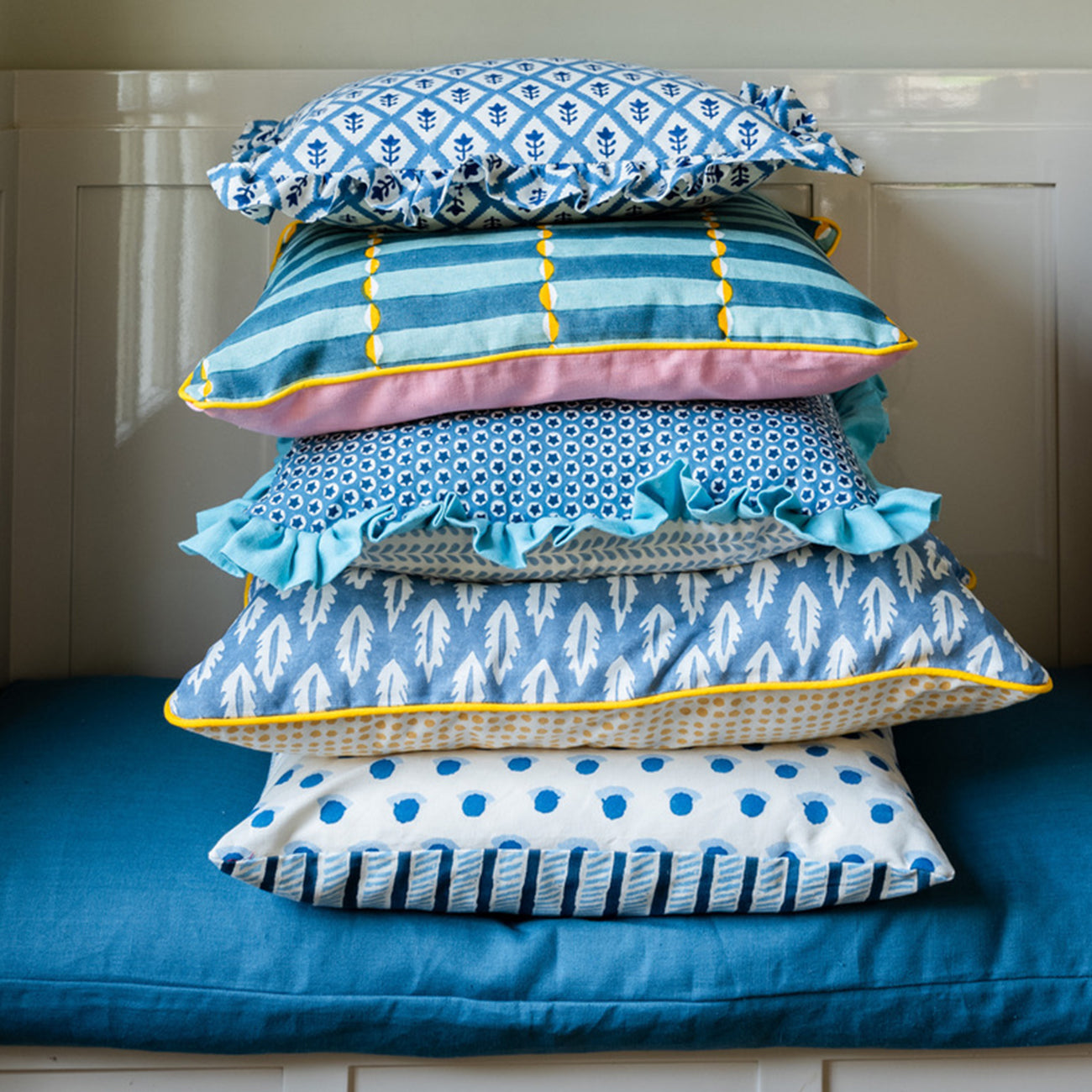 Forest Blue Seed Mustard Piped Cushion - Soft and Stylish Home Decor for Living Room, Bedroom, or Sofa