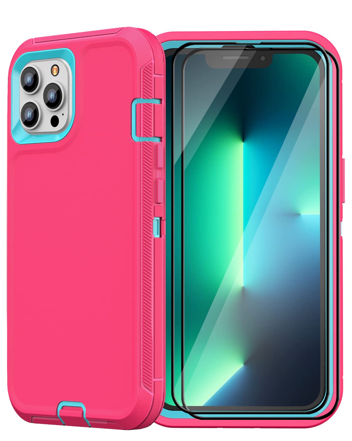 Danhon iPhone 13 Pro Max Case [6.7 Inch] with 2 Tempered Glass Screen Protectors - Military Grade Drop Protection, Shockproof Heavy Duty Phone Cover (Pink Blue) - Perfect for Outdoor Activities, Travel & Daily Protection