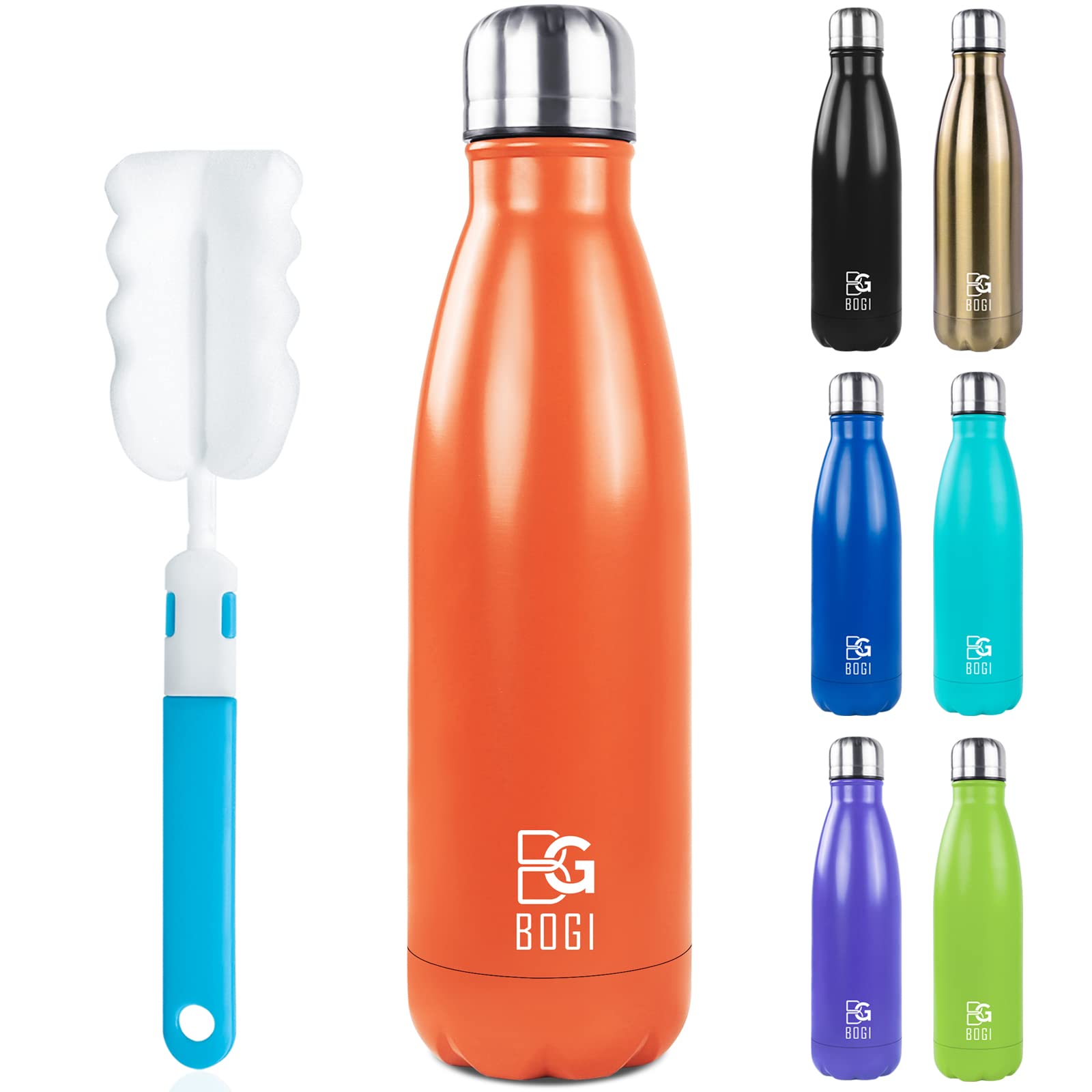 BOGI 17oz Double Wall Vacuum Insulated Stainless Steel Water Bottle - Leak Proof, Keeps Drinks Hot & Cold for 24 Hours - Perfect for Outdoor Sports, Camping, Hiking, Gym & Office (Orange)