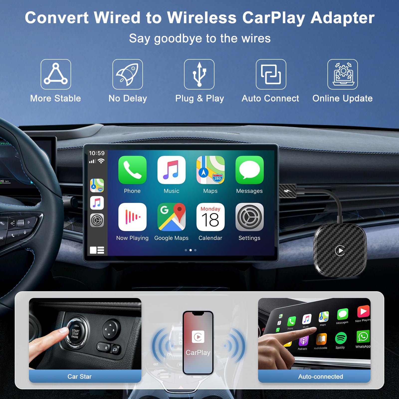 2024 Upgraded Wireless CarPlay Adapter - Convert Wired to Wireless CarPlay, Plug & Play for Cars After 2017 & iOS 10+, Seamless Music & Navigation for Commuting & Road Trips