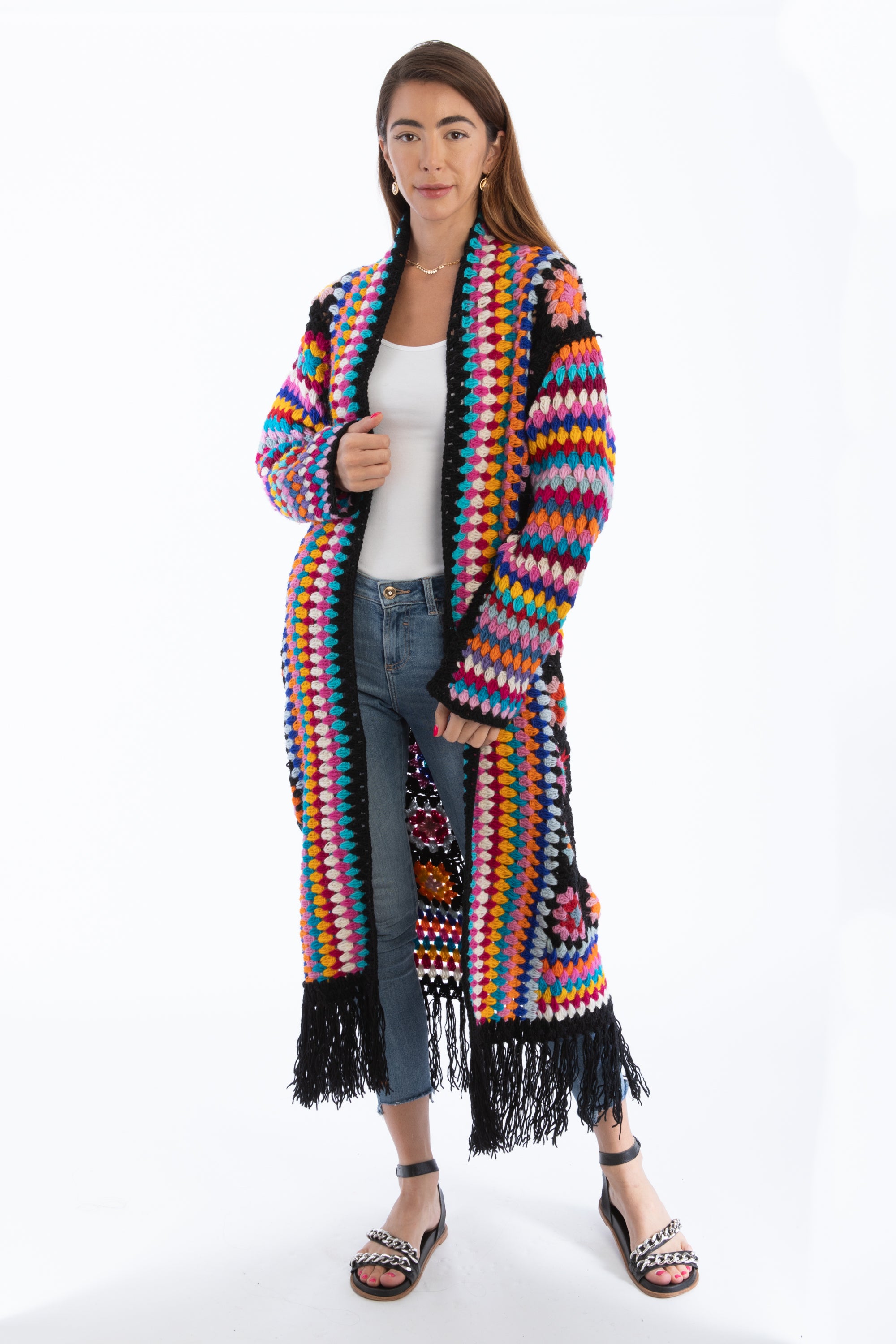Bohemian Fringed Crochet Kimono Long Cardigan - Lightweight Lace Cover Up for Women - Perfect for Beach, Music Festivals & Summer Outfits