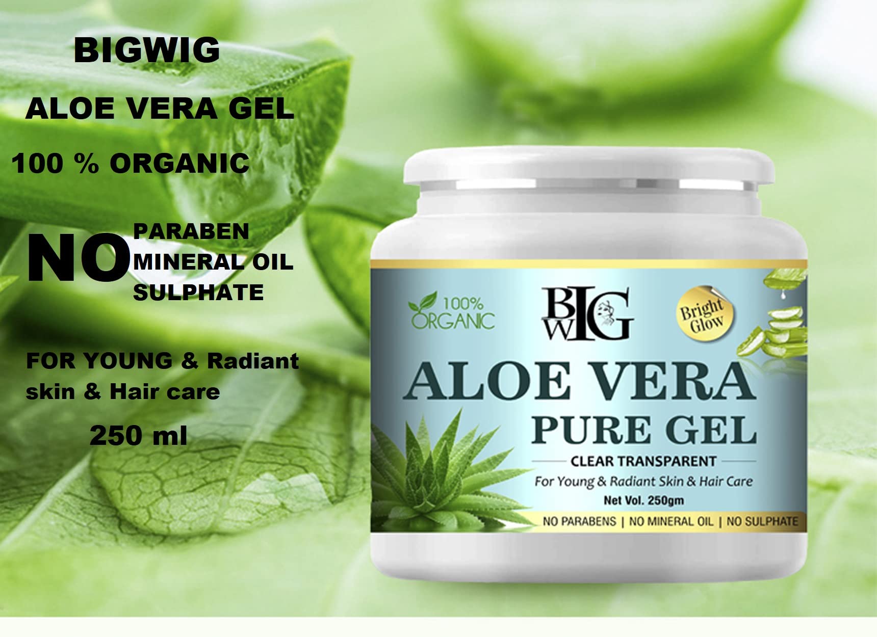 **BIGWIG 100% Organic Aloe Vera Face Gel for Bright Glow – Pure Natural Skin Care for Acne Scars, Moisturizing, Dark Circles & Hair – 250g | Perfect for Daily Hydration, Sunburn Relief & DIY Beauty Treatments**