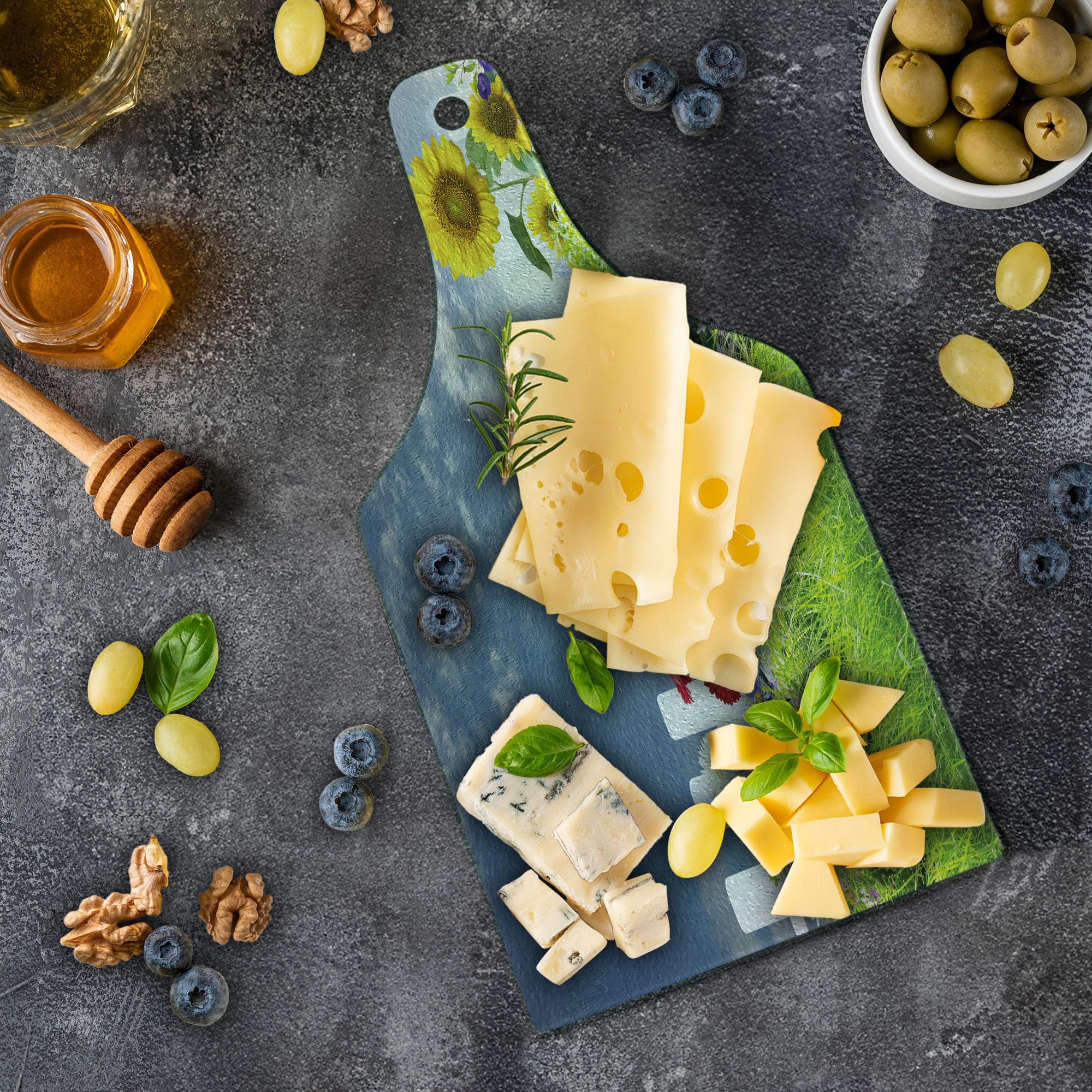 Ambesonne Rustic Cutting Board - Sunflower Daisy Hedge Fence Design on Tempered Glass, Decorative Serving Board for Kitchen, Charcuterie & Wine (Wine Bottle Shape, White Green Blue) - Perfect for Farmhouse Decor, Cheese Platters & Entertaining