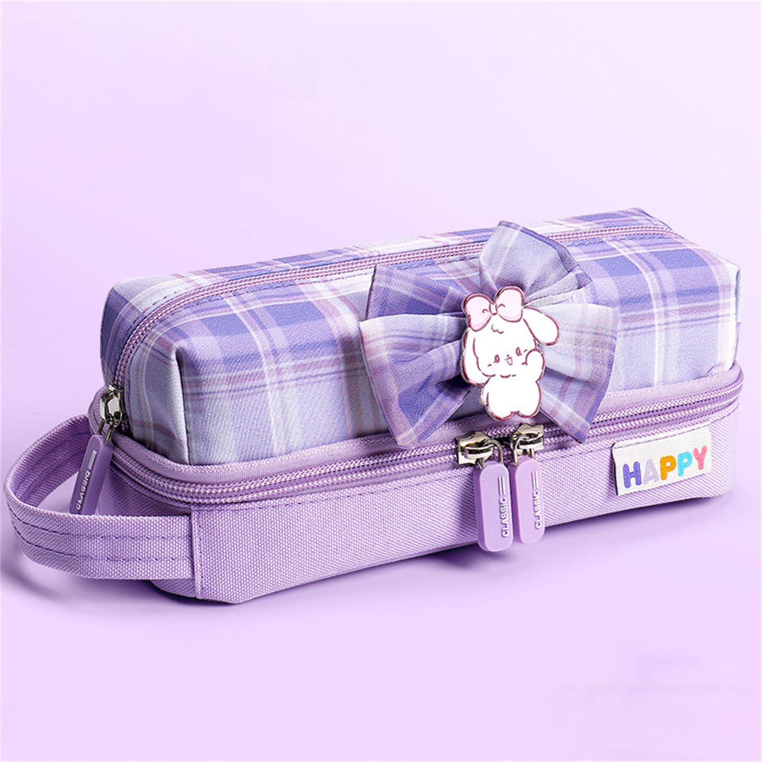 Colorful Large Capacity 2-Layer Oxford Pencil Case - Pink, Purple, Blue Bow Design School Stationery Organizer (21.5 x 8 x 8.5cm) for Students, Office & Art Supplies Storage