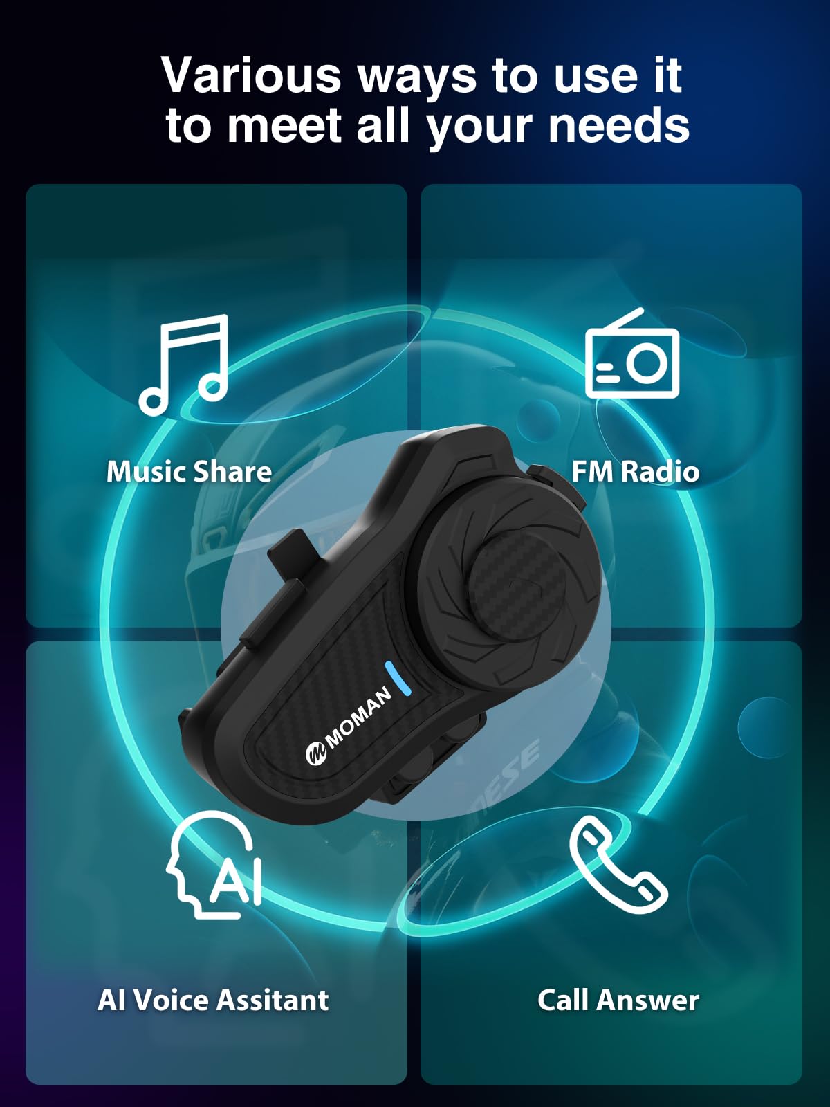 Moman H2 Pro Motorcycle Bluetooth Intercom Headset - Wireless Helmet Communication System with DSP/CVC Noise Cancellation, IP65 Waterproof, 1000M Range - Ideal for Group Riding, Touring & Adventure Motorcycling