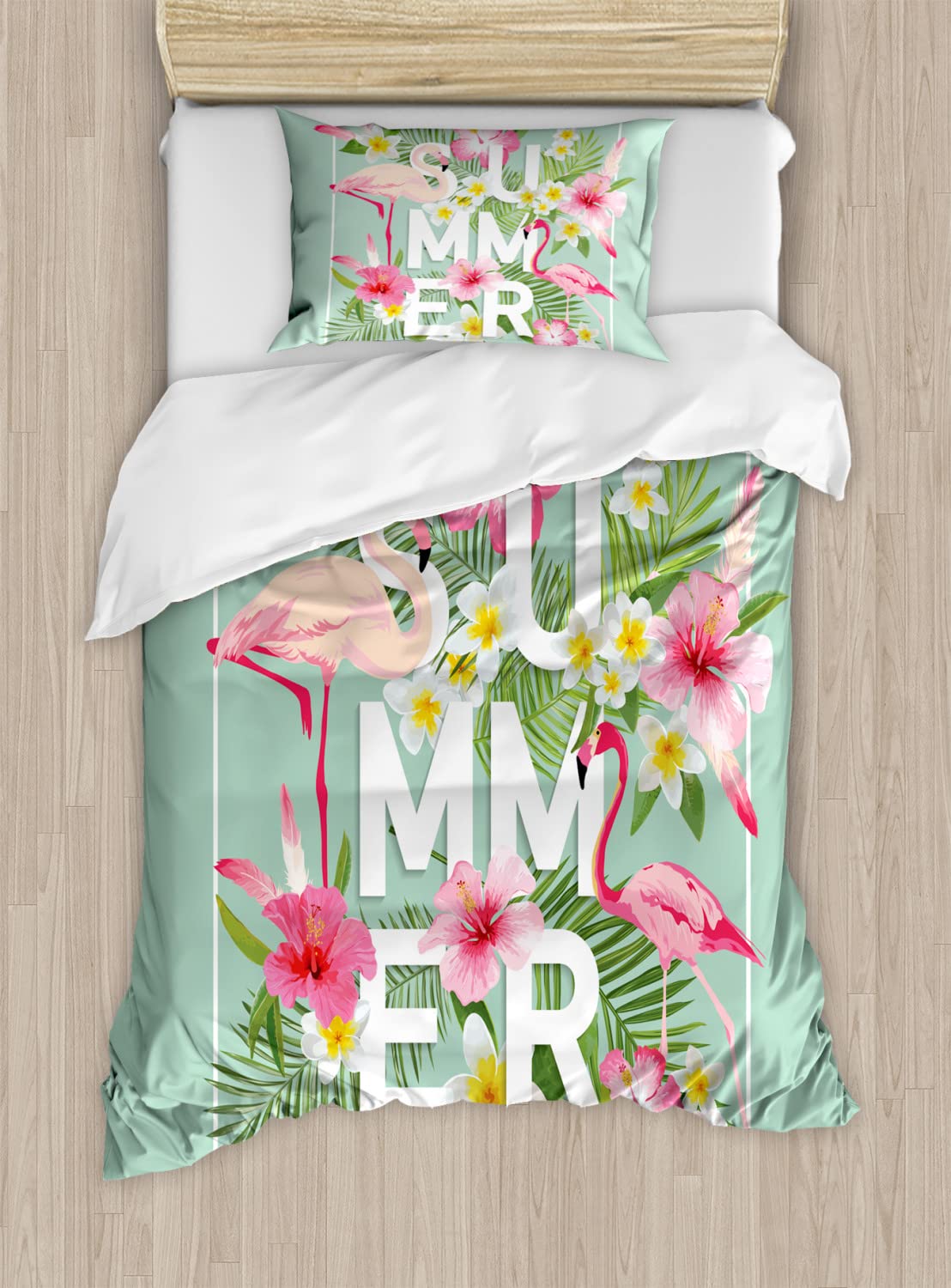 Ambesonne Floral Duvet Cover Set - Tropical Flowers with Flamingos Design, Retro Wedding Romance Petals Bedding Set (2 Duvet Covers + 4 Pillowcases), Queen Size 2-Pack in Mint Green & Pink - Perfect for Guest Rooms, Master Bedrooms & Tropical-Themed Decor