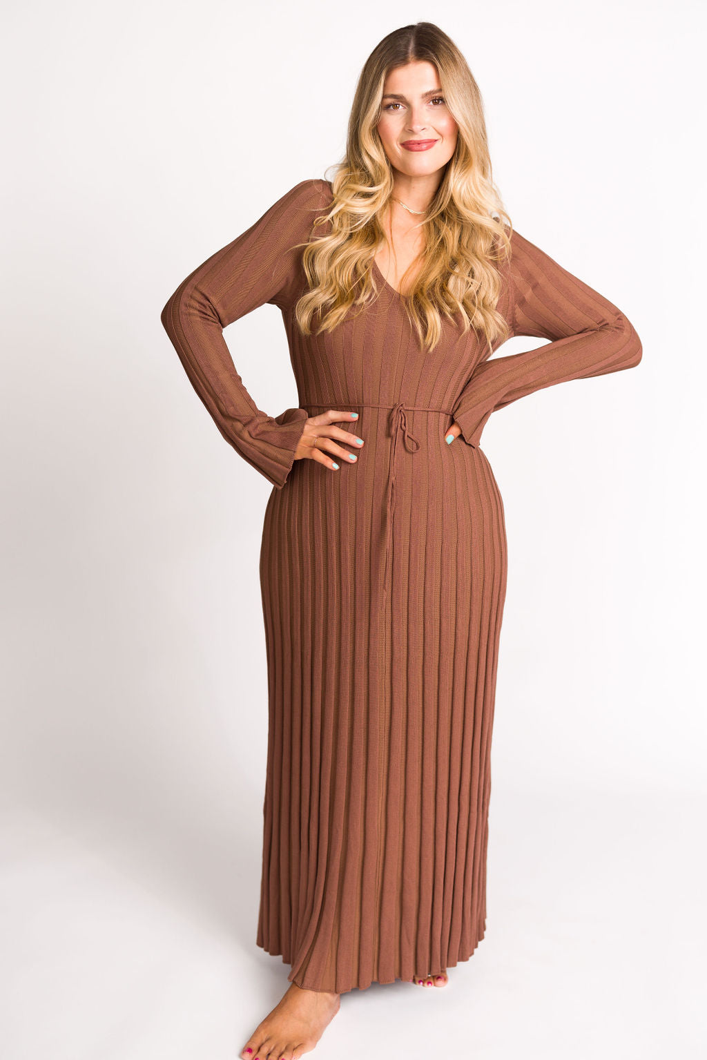 Hadley Long Sleeve V Neck Knit Maxi Dress in Cocoa - Women's Elegant Casual Maxi Dress for Fall & Winter | Perfect for Office, Date Night & Holiday Parties