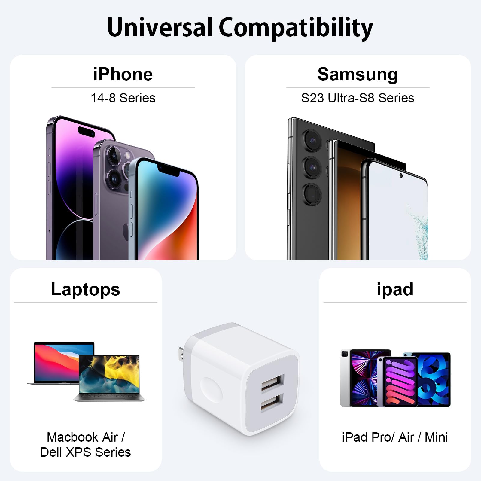 Fast Charging USB Wall Outlet Plug - Dual Port 2.1A/5V Cube Charger Block (2-Pack) for iPhone 14/13/12/11/XR/XS/X/8, iPad, Samsung Galaxy S22/S21/A13, Pixel 6 - Perfect for Home, Office & Travel Charging Needs