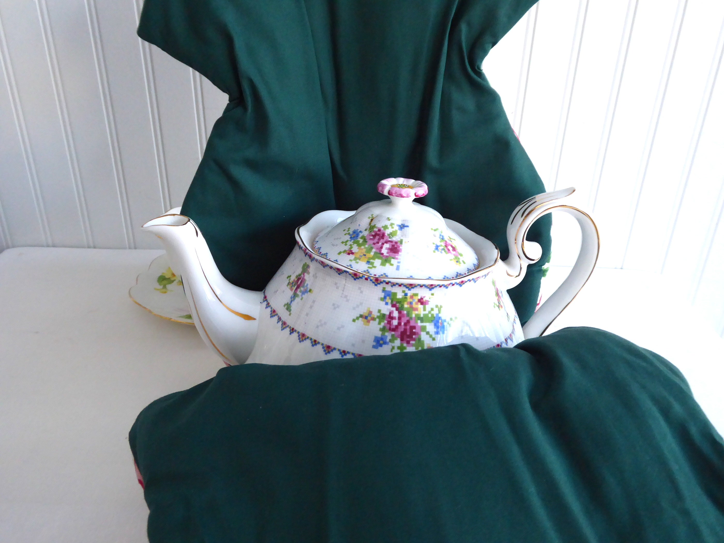 Large Tea Cozy - Padded Muff Style Insulated Tea Cover - Handmade Orchid Embroidery in Pink & Green - Perfect for Tea Parties & Winter Warmth